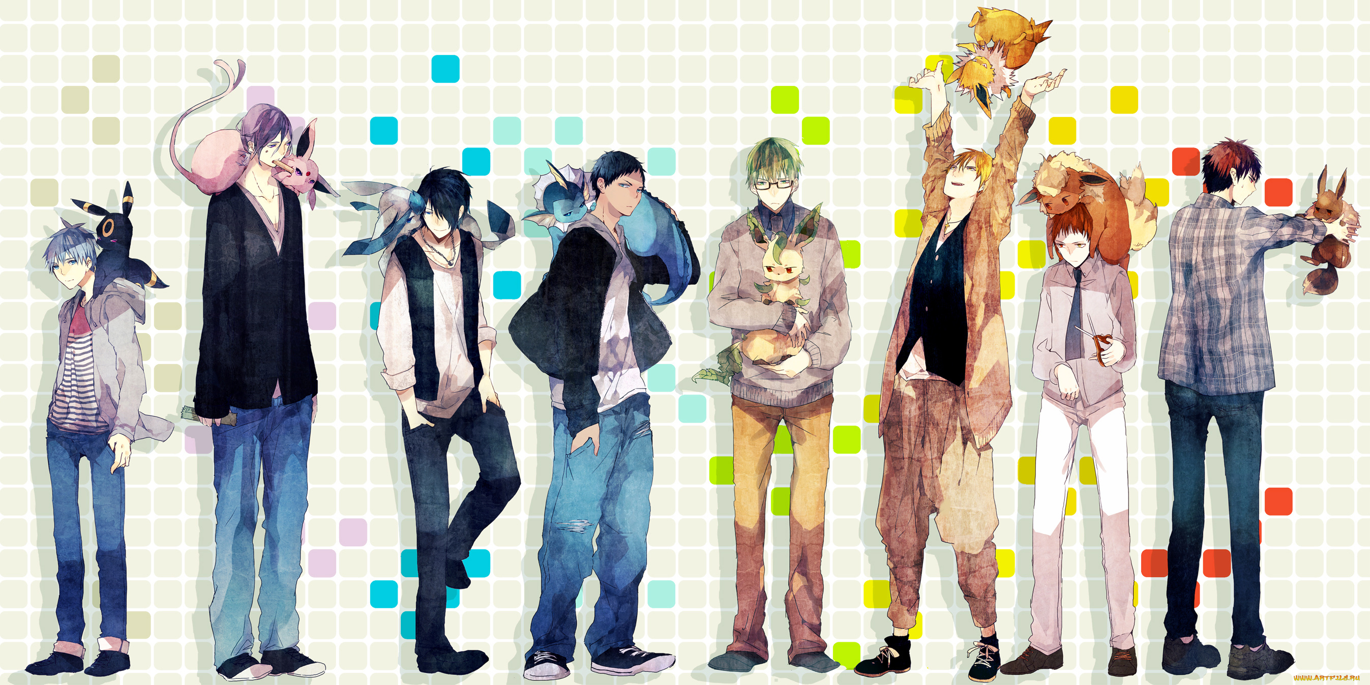 аниме, *unknown, , другое, кулон, рубашка, akashi, seijuurou, murasakibara, atsushi, aomine, daiki, kise, ryouta, midorima, shintarou, kuroko, tetsuya, галстук, свитер, джинсы, кеды, звери, парни