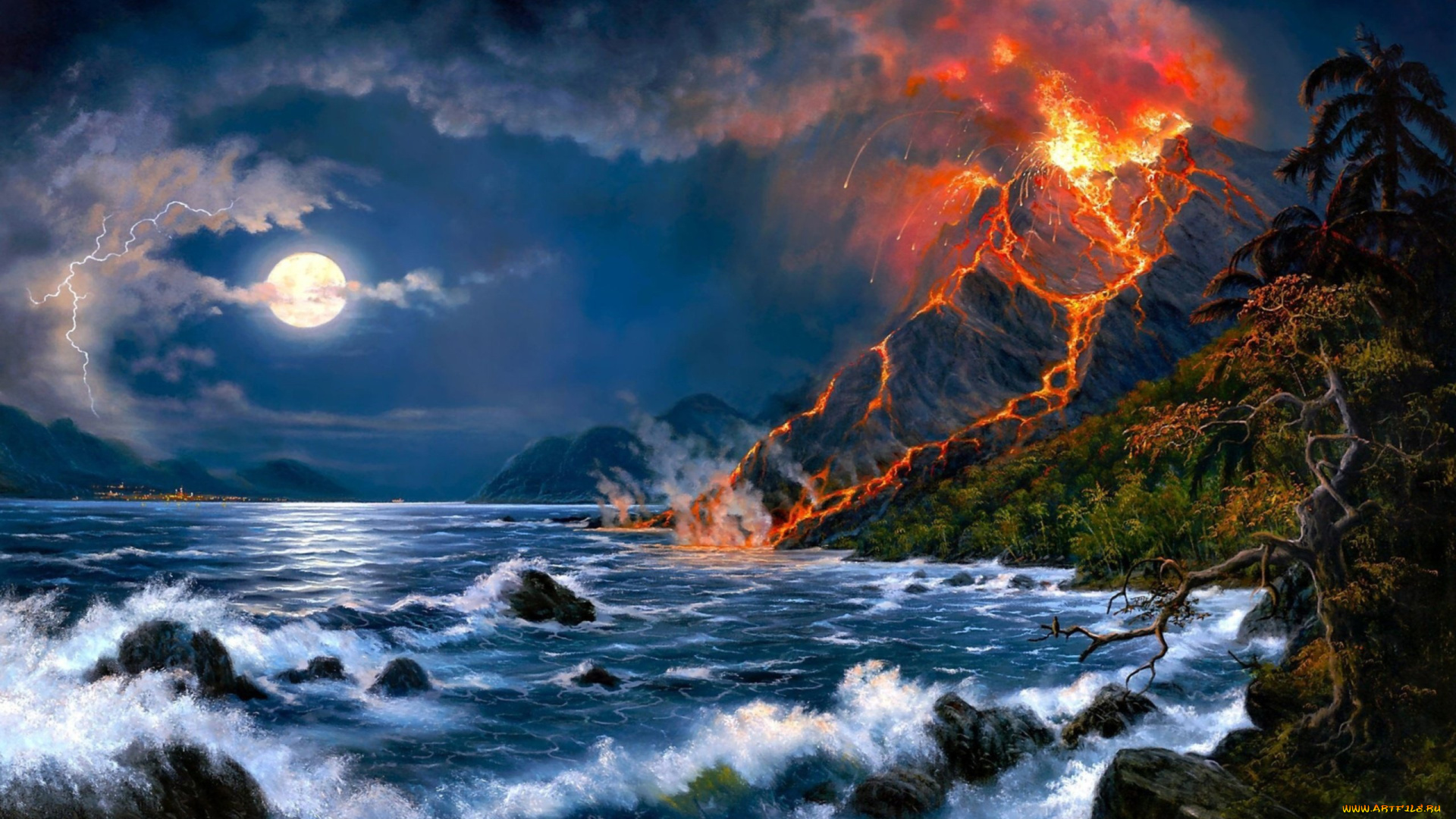 рисованное, природа, море, дым, извержение, луна, вулкан, камни, лава