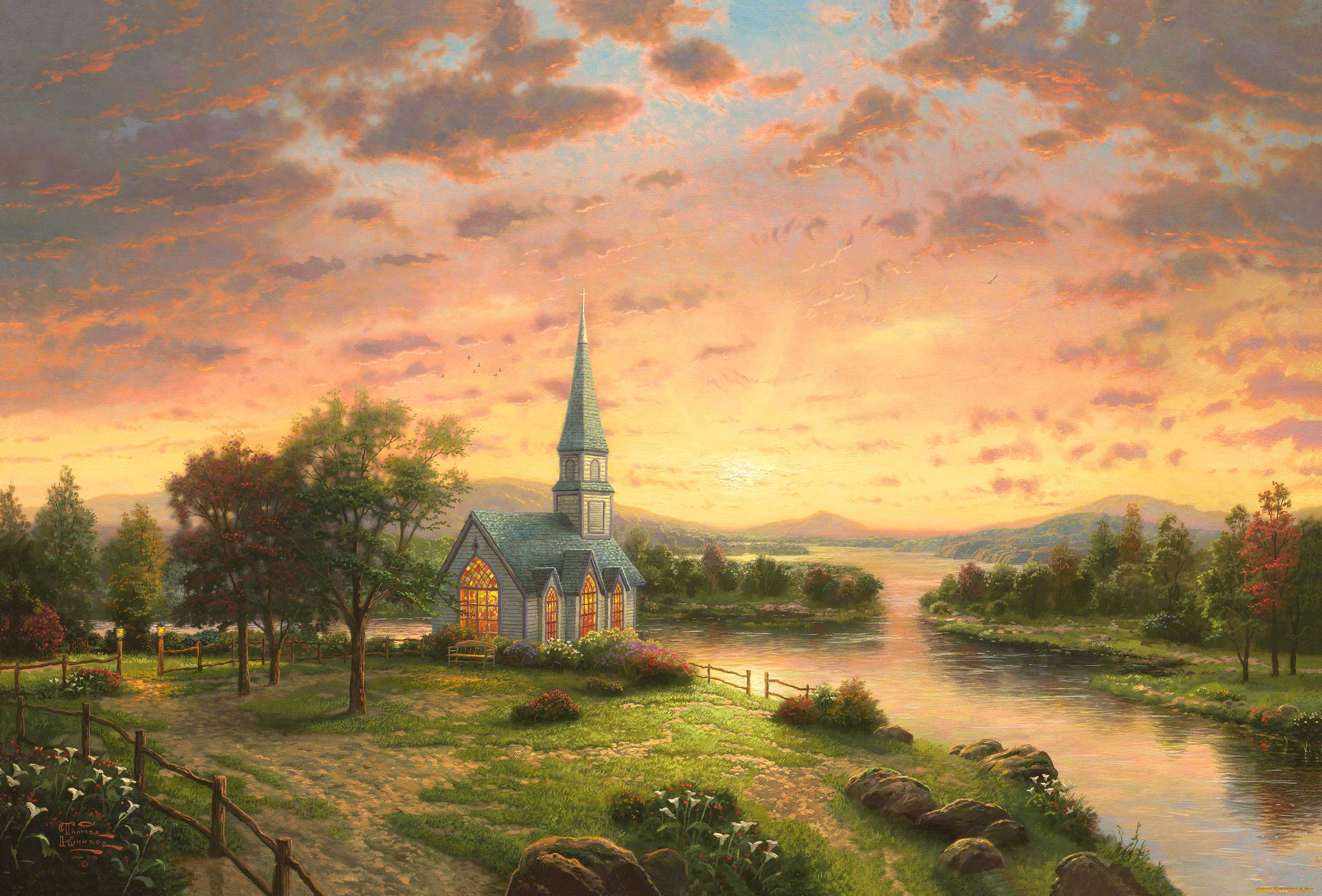 рисованное, живопись, река, церковь