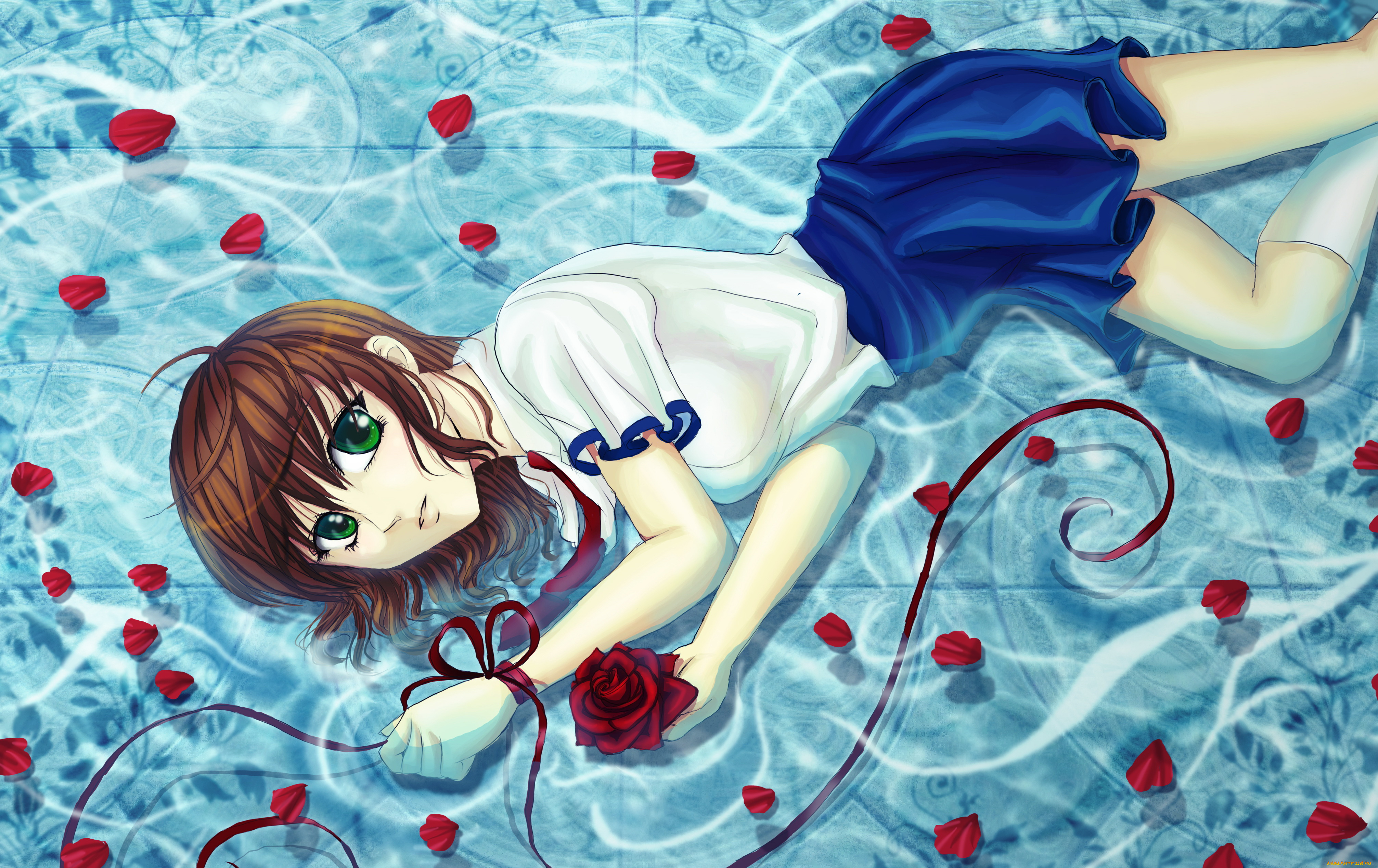 аниме, unknown, , другое, взгляд, девушка, фон, роза, вода