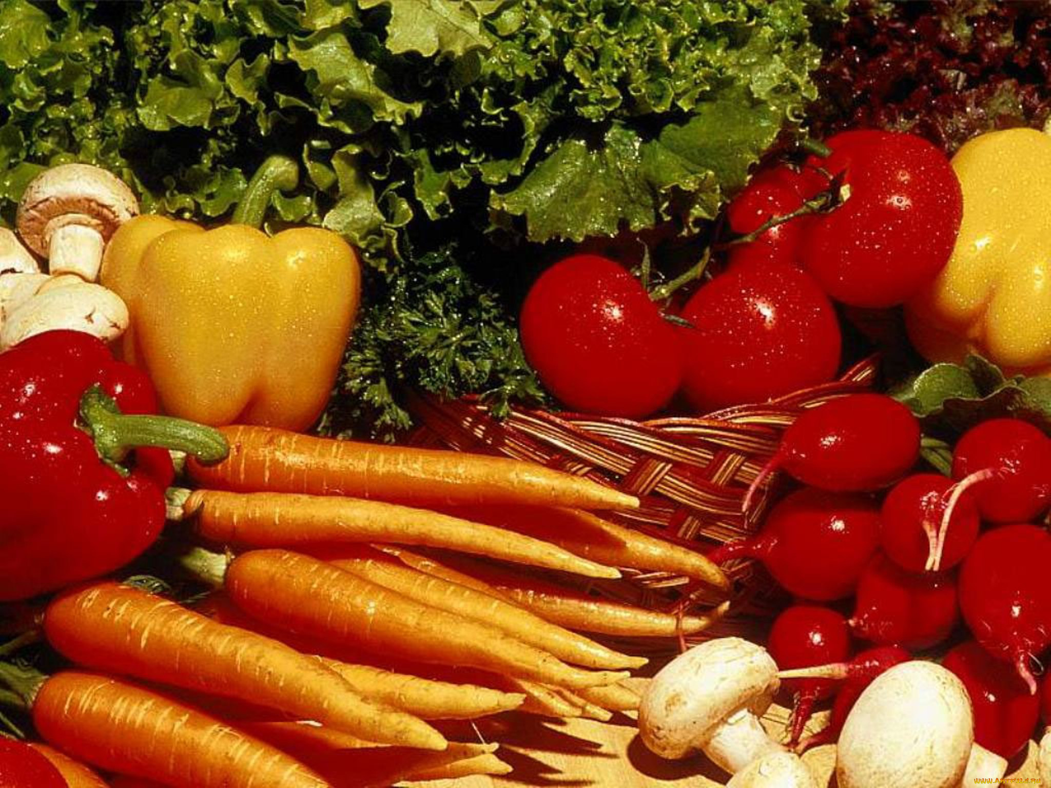 еда, овощи, грибы, перец, морковь, помидоры, томаты
