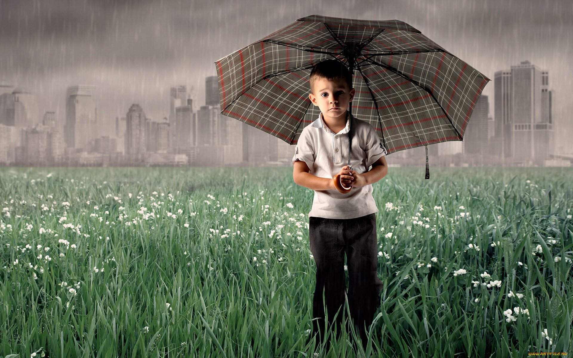 разное, люди, мальчик, зонт, дождь, поляна, город