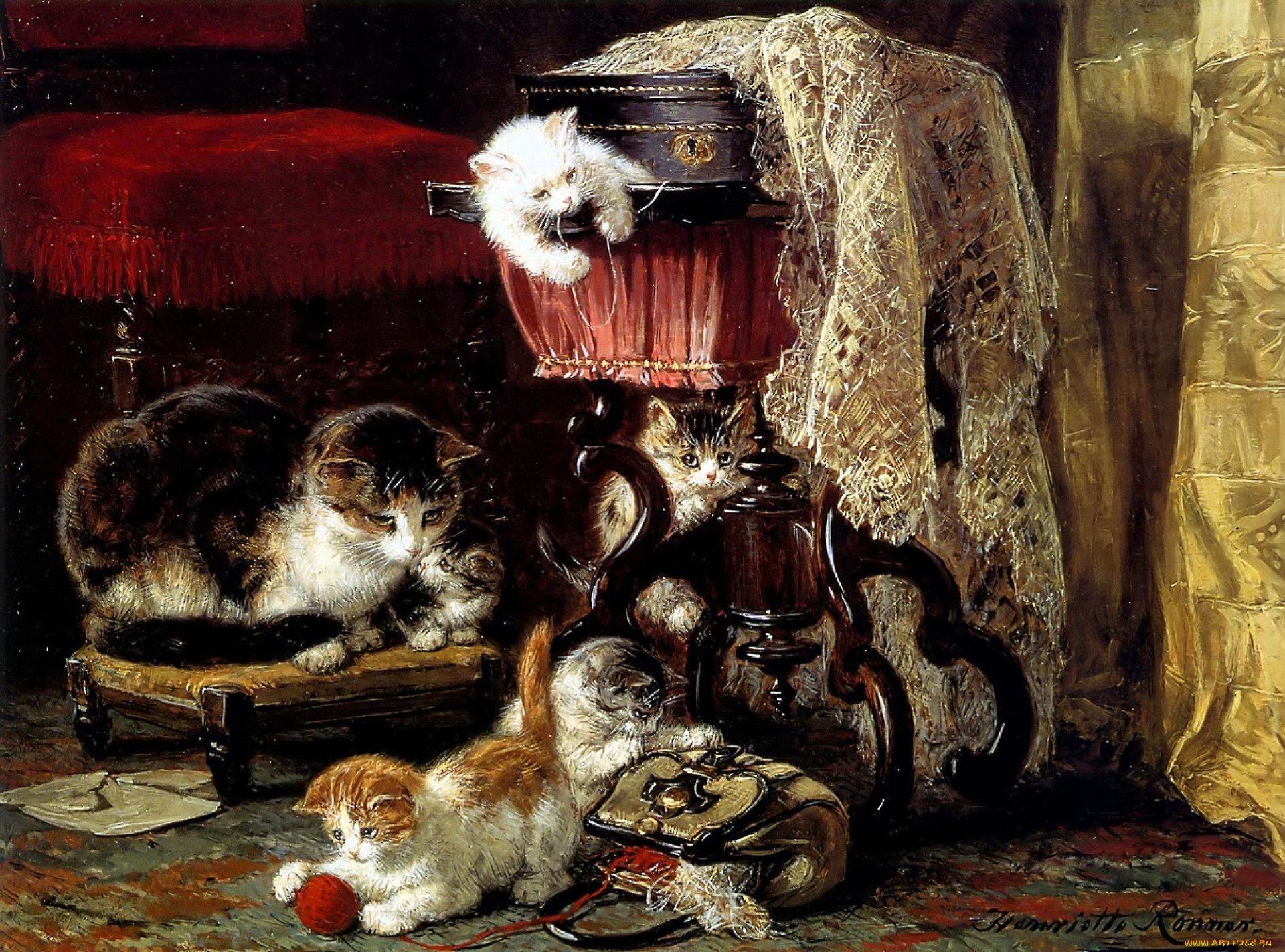 рисованное, henriette, ronner-knip, кошка, котята, клубок