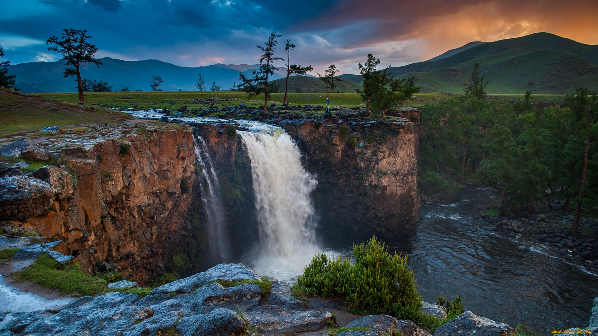 orkhon, falls, mongolia, природа, водопады, реки, орхон, монголия, скала, горы, деревья