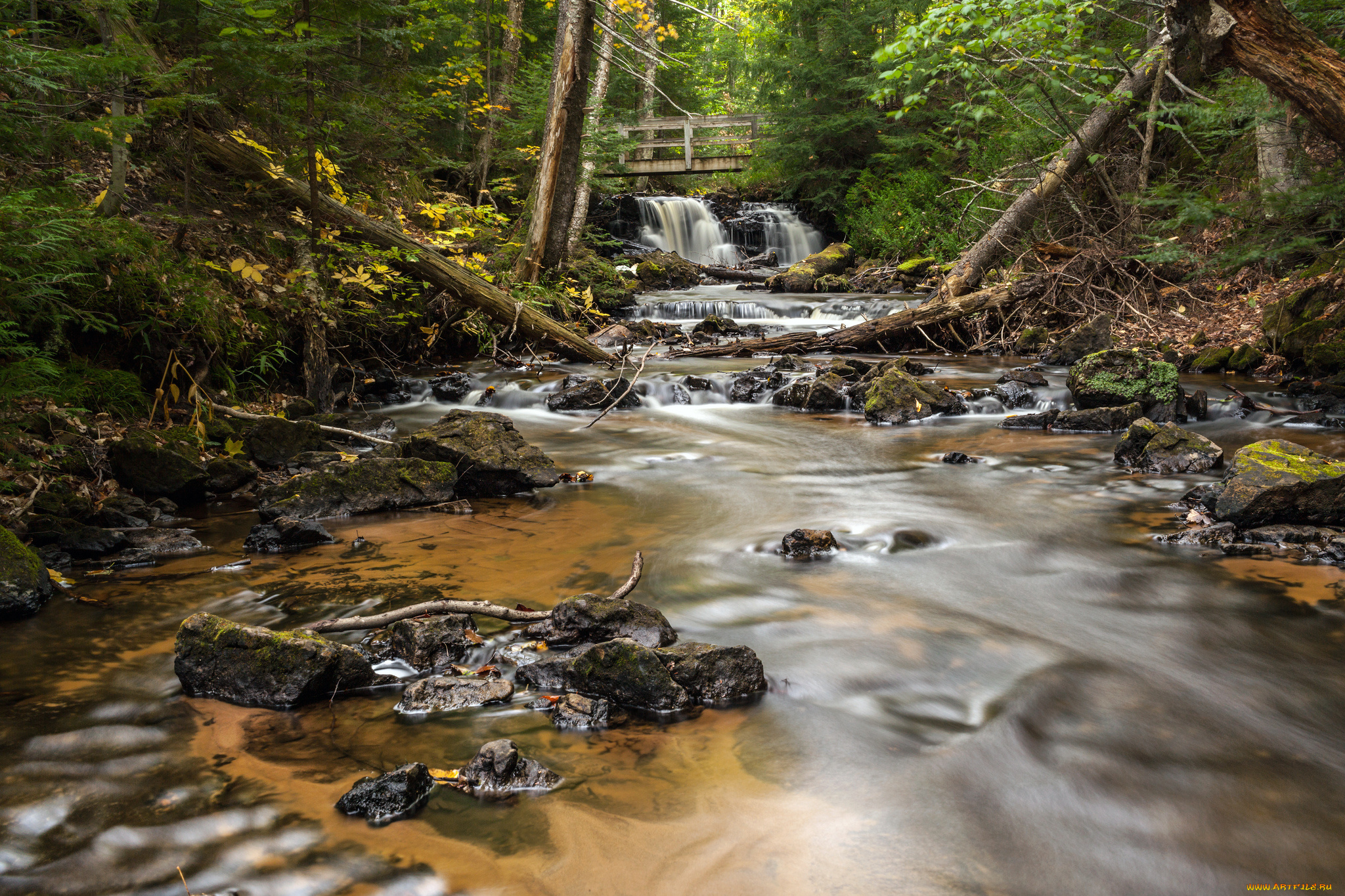 chapel, falls, alger, county, michigan, природа, водопады, река, лес, камни, мост