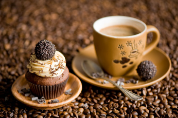 Картинка еда разное кексик конфеты зёрна кофе