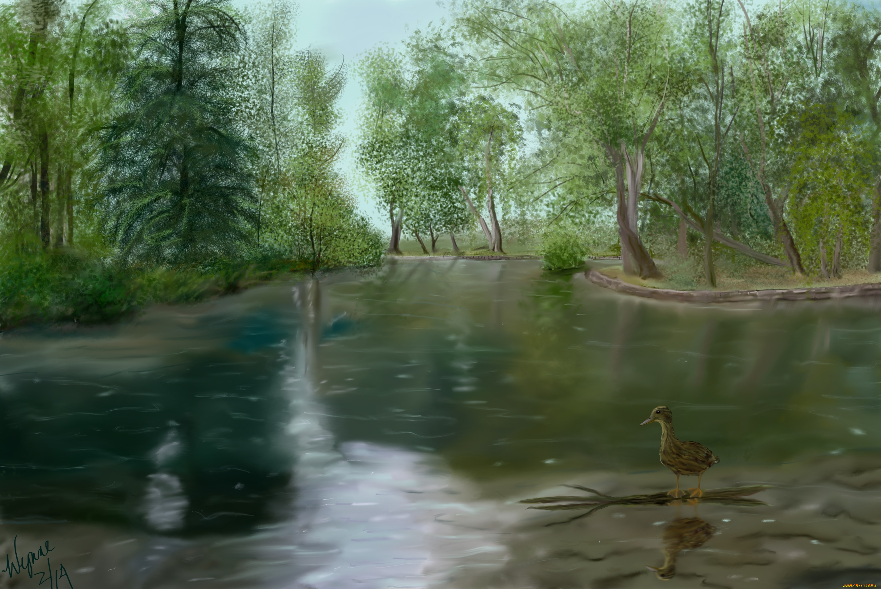 рисованные, природа, деревья, река, утка