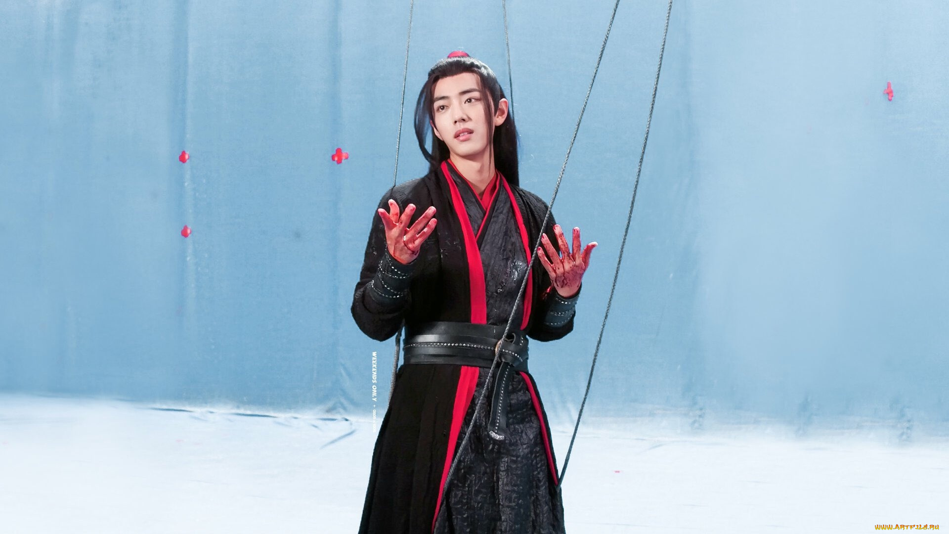 мужчины, xiao, zhan, актер, костюм, кровь, съемки, веревки