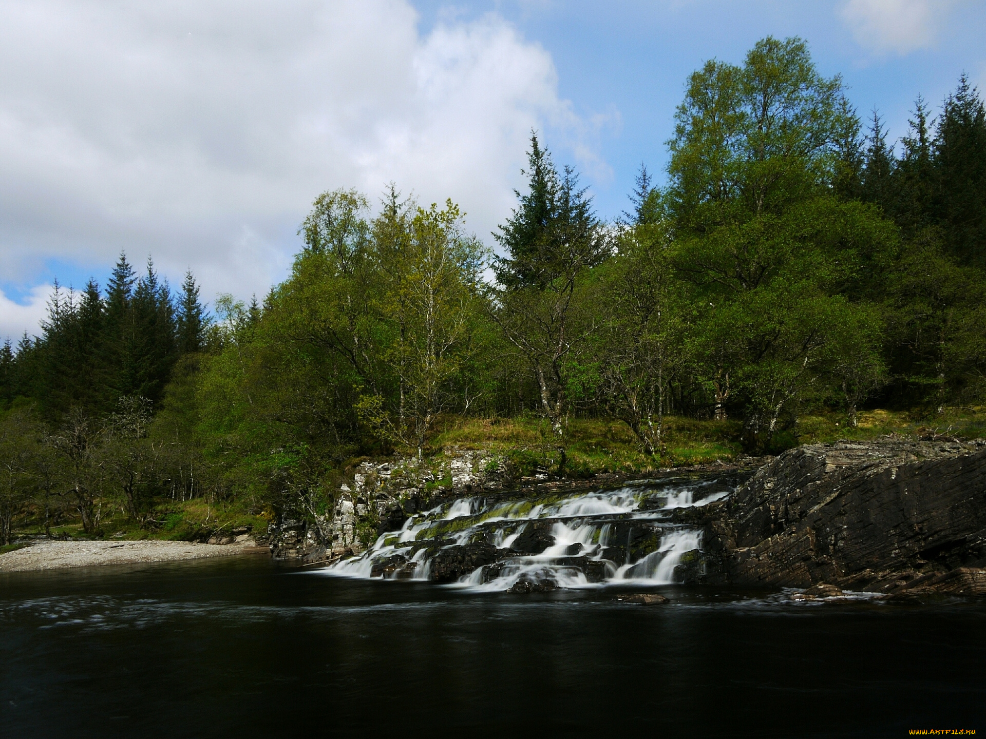 river, orchy, scotland, природа, водопады, каскад, река, лес, деревья, шотландия