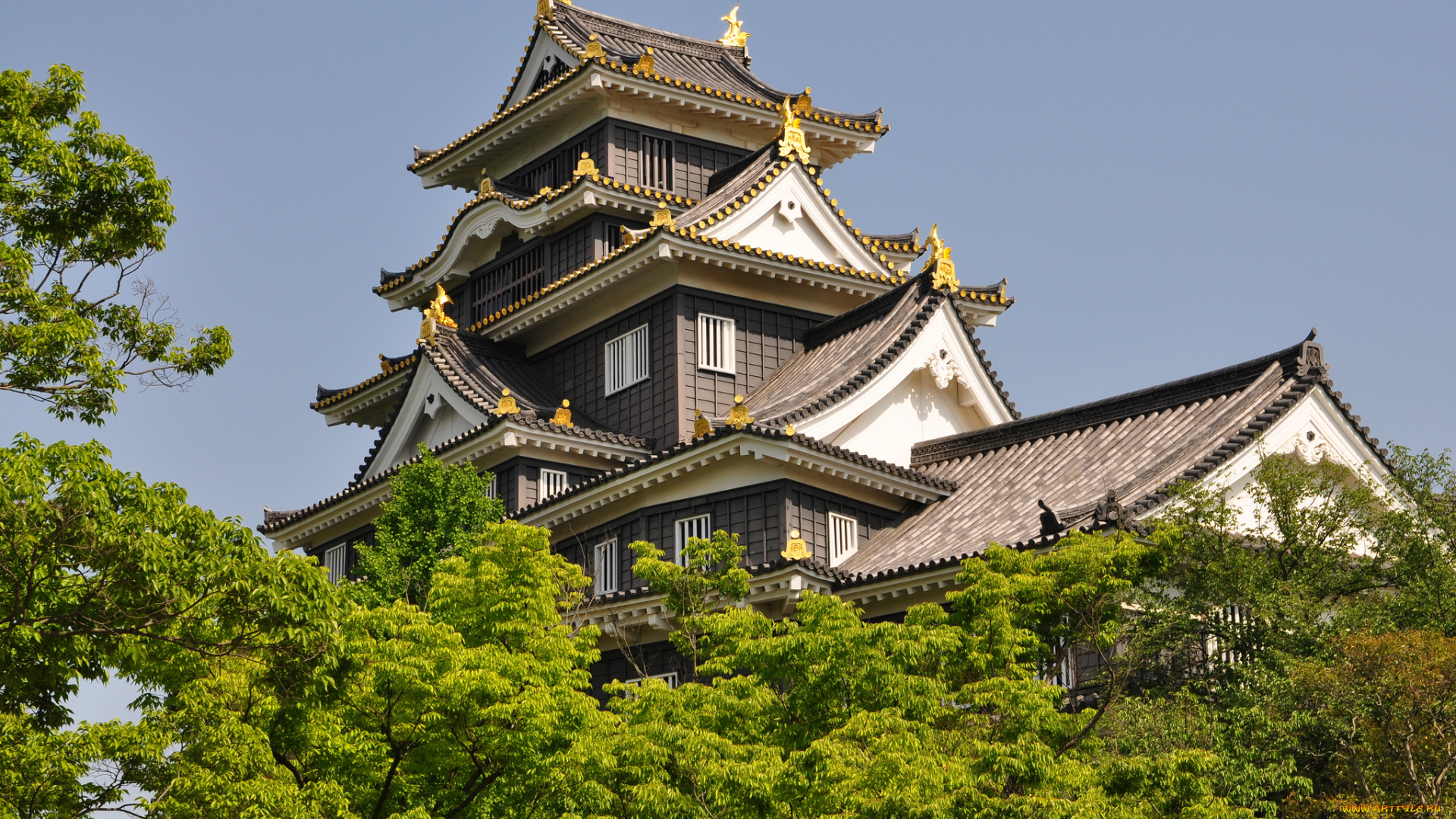 okayama, castle, города, замки, Японии, пагода