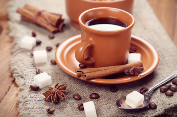 Картинка еда кофе +кофейные+зёрна зерна пряности бадьян анис корица сахар блюдце ложка чашка