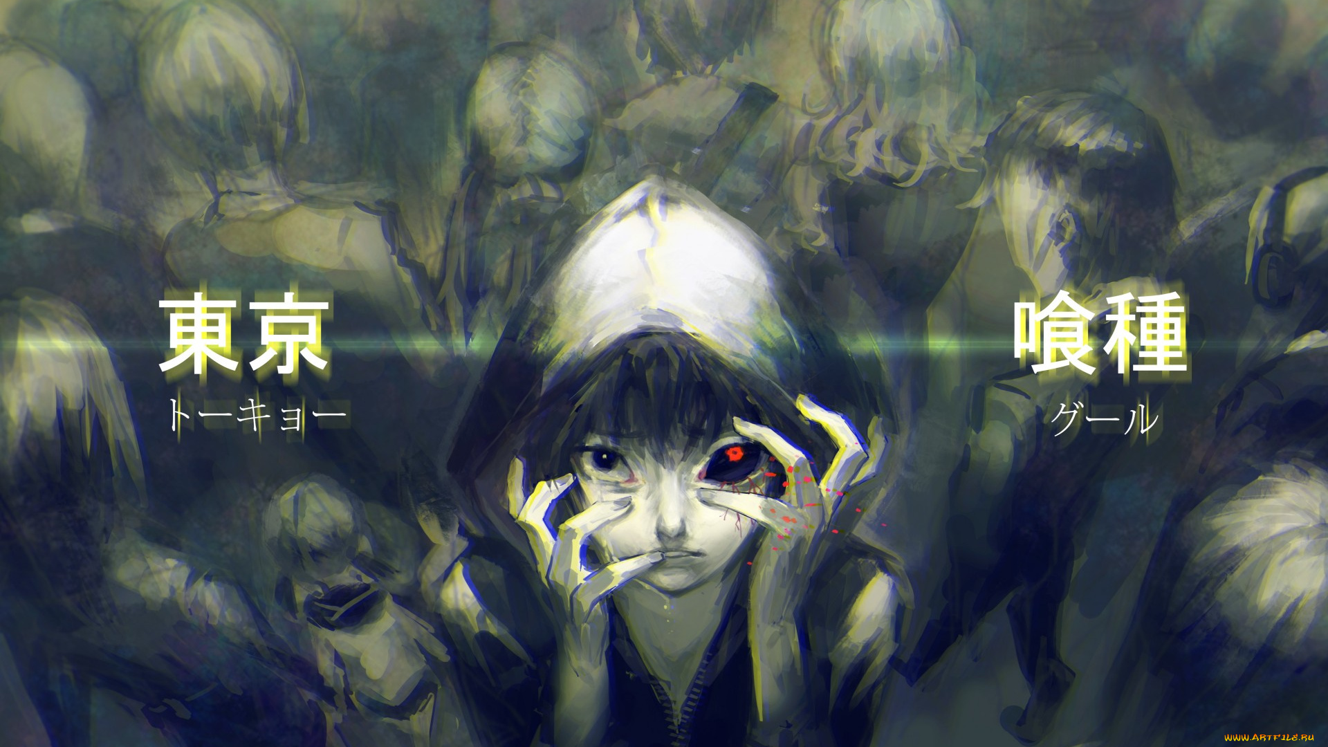 аниме, tokyo, ghoul, арт, sai, ichirou, tokyo, ghoul, kaneki, ken, парень, иероглифы, люди, капюшон