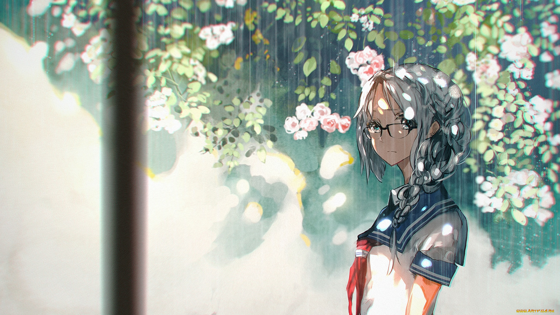 аниме, unknown, , другое, растения, 5esrs, цветы, дождь, очки, девушка, форма