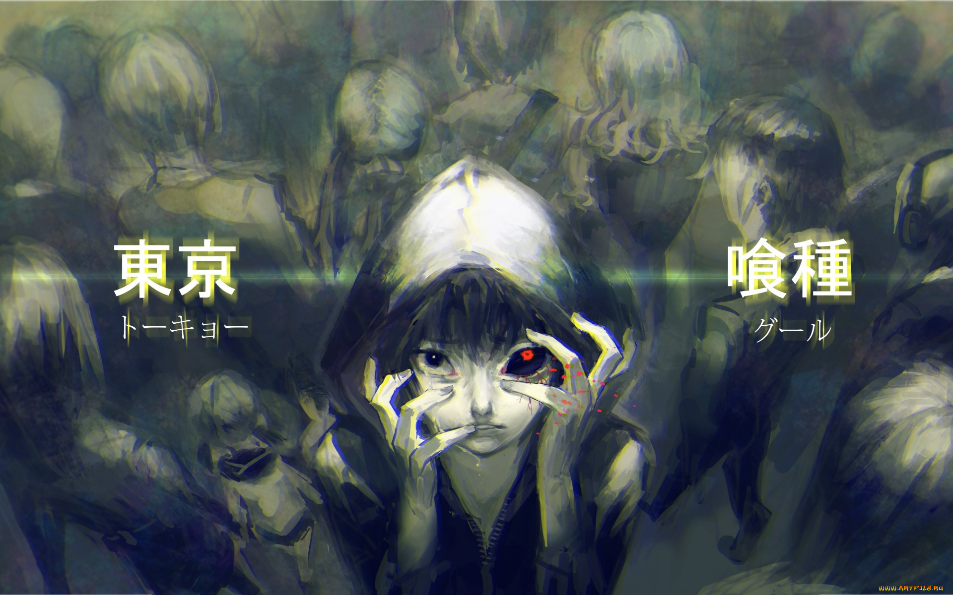 аниме, tokyo, ghoul, арт, sai, ichirou, tokyo, ghoul, kaneki, ken, парень, иероглифы, люди, капюшон