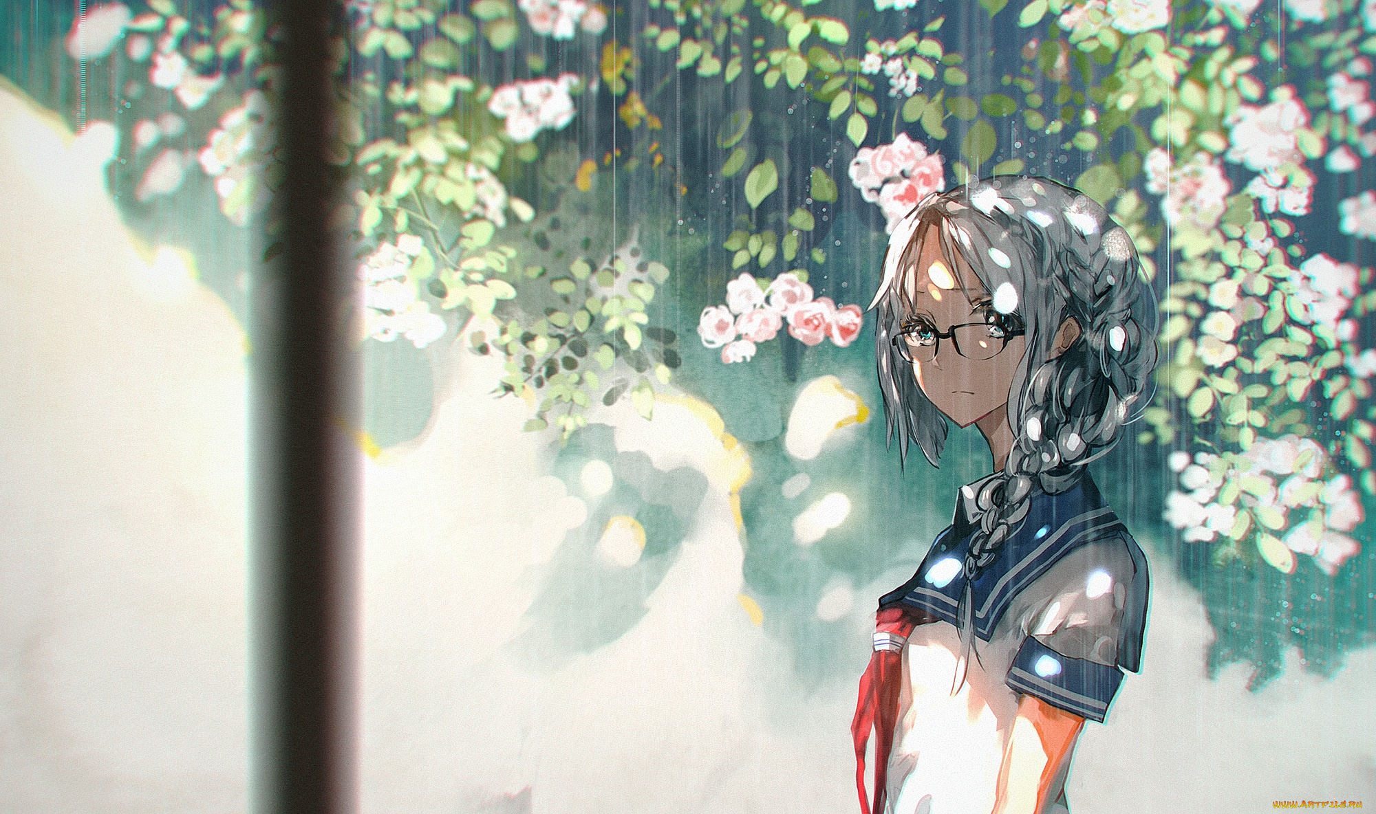 аниме, unknown, , другое, растения, 5esrs, цветы, дождь, очки, девушка, форма
