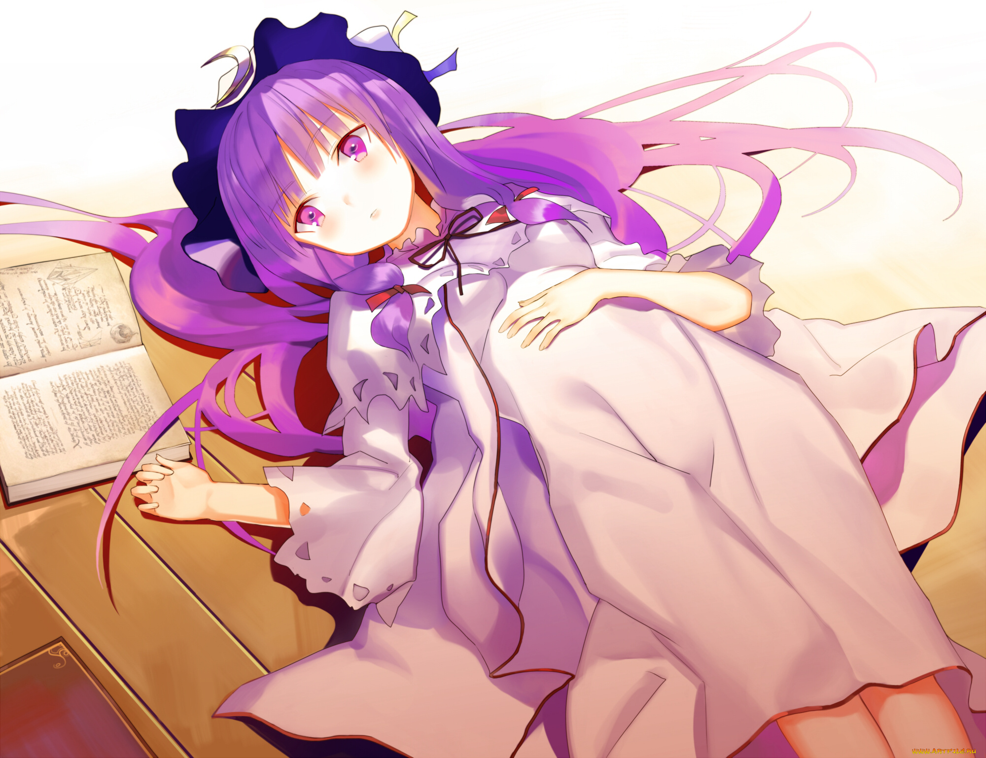 аниме, touhou, лежит, девушка, книга, арт, patchouli, knowledge