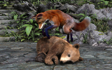 Картинка 3д+графика животные+ animals игра лиса медведь