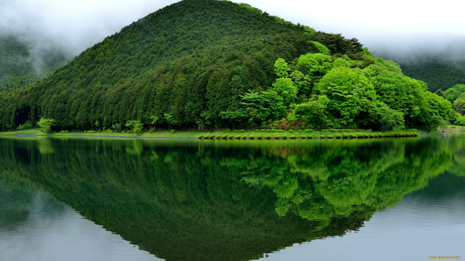 природа, реки, озера, lake, tanuki, fujinomiya, япония, гора, зелень, отражение, пейзаж