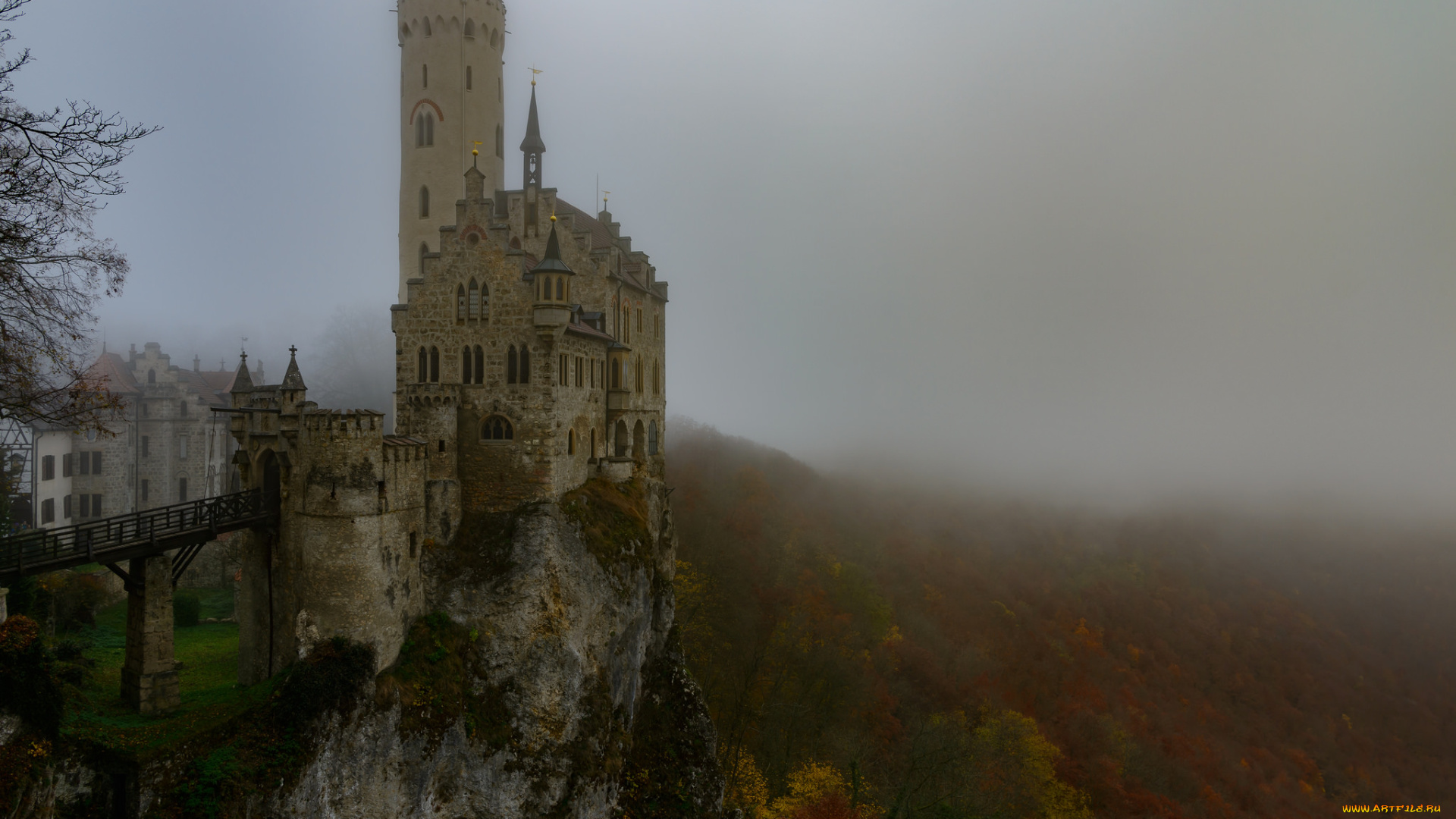 schloss, lichtenstein, города, замки, германии, туман, замок