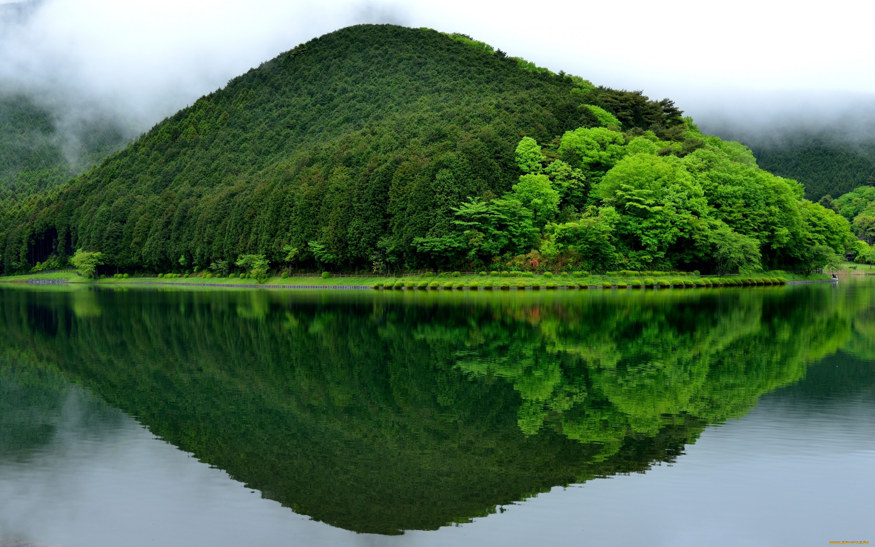 природа, реки, озера, lake, tanuki, fujinomiya, япония, гора, зелень, отражение, пейзаж