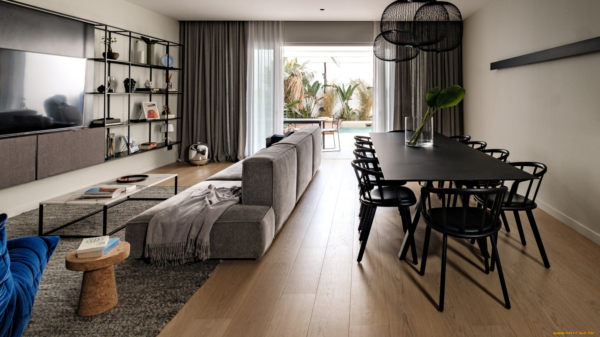 интерьер, гостиная, стильный, дизайн, черный, длинный, стол, идея, гостиной, загородный, дом, современный