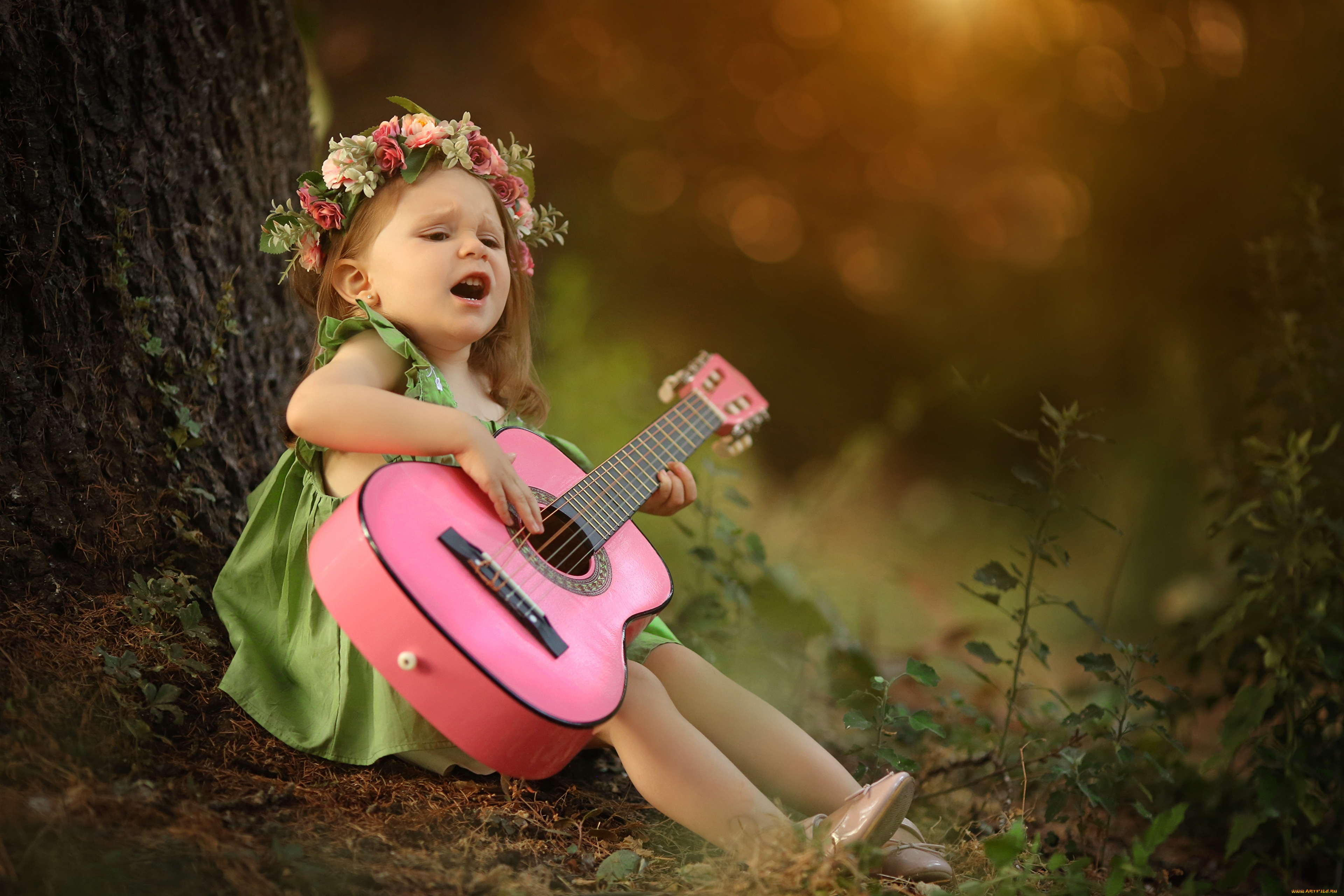музыка, -другое, девочка, венок, гитара, песня, дерево