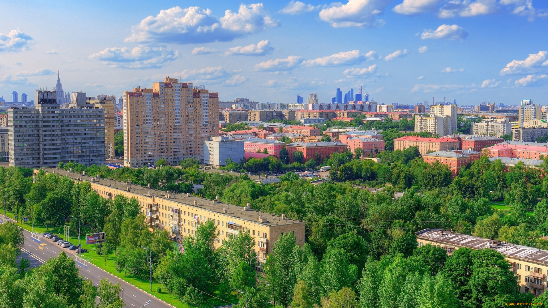 moscow, russia, города, москва, россия, панорама, дорога, деревья, здания