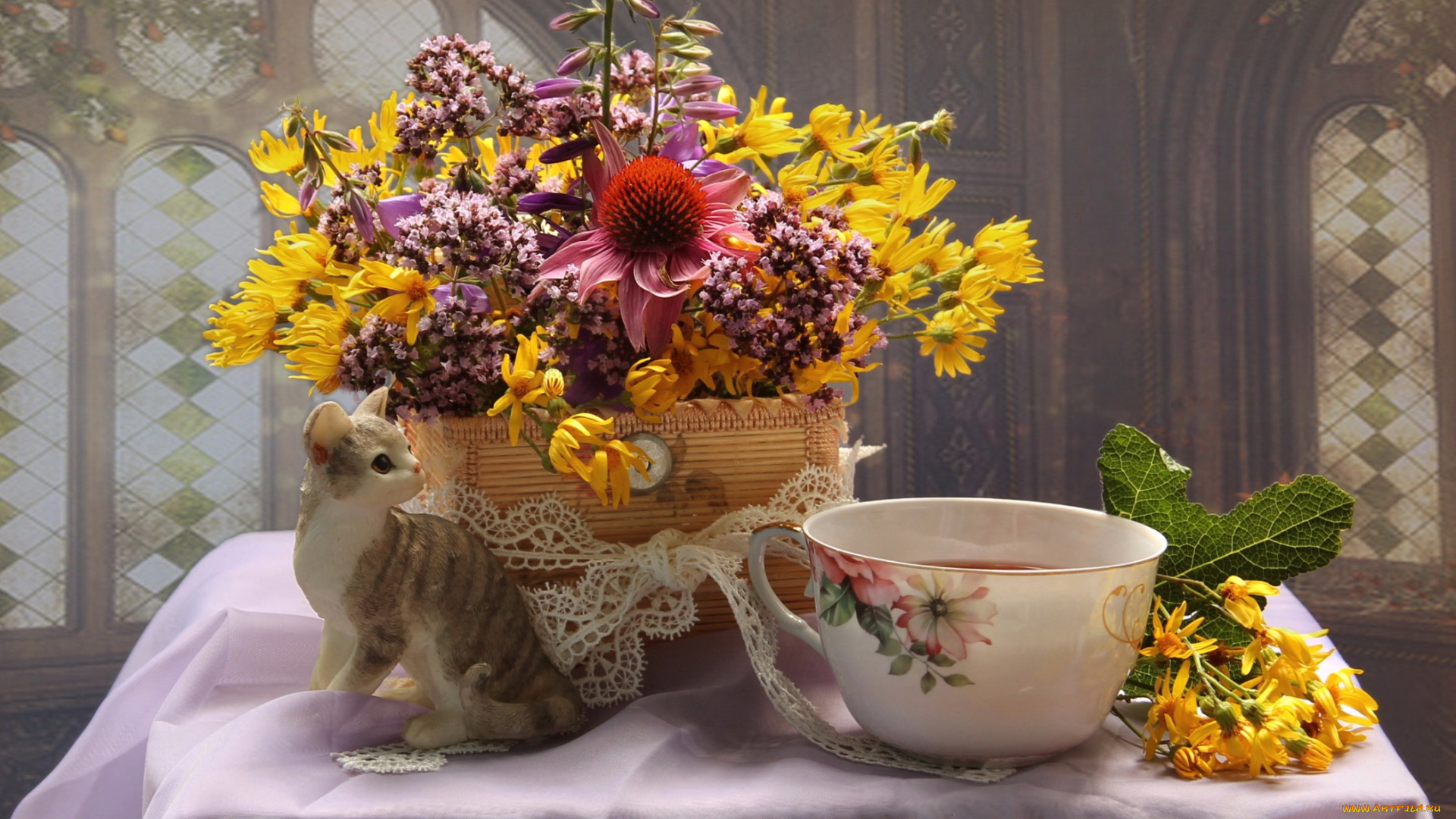 цветы, луговые, , полевые, , цветы, котенок, корзина, чашка