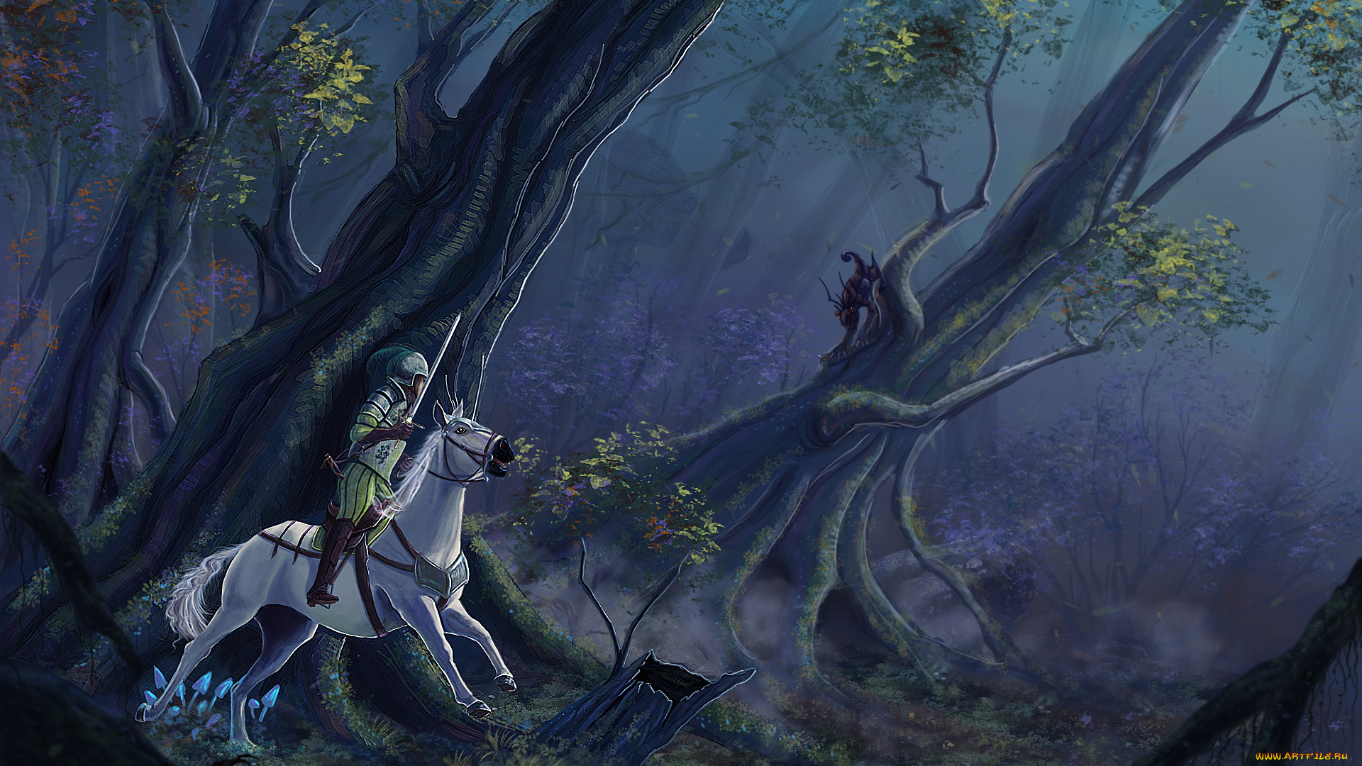фэнтези, люди, лес, рыцарь, всадник, лошадь, белая, меч, существо
