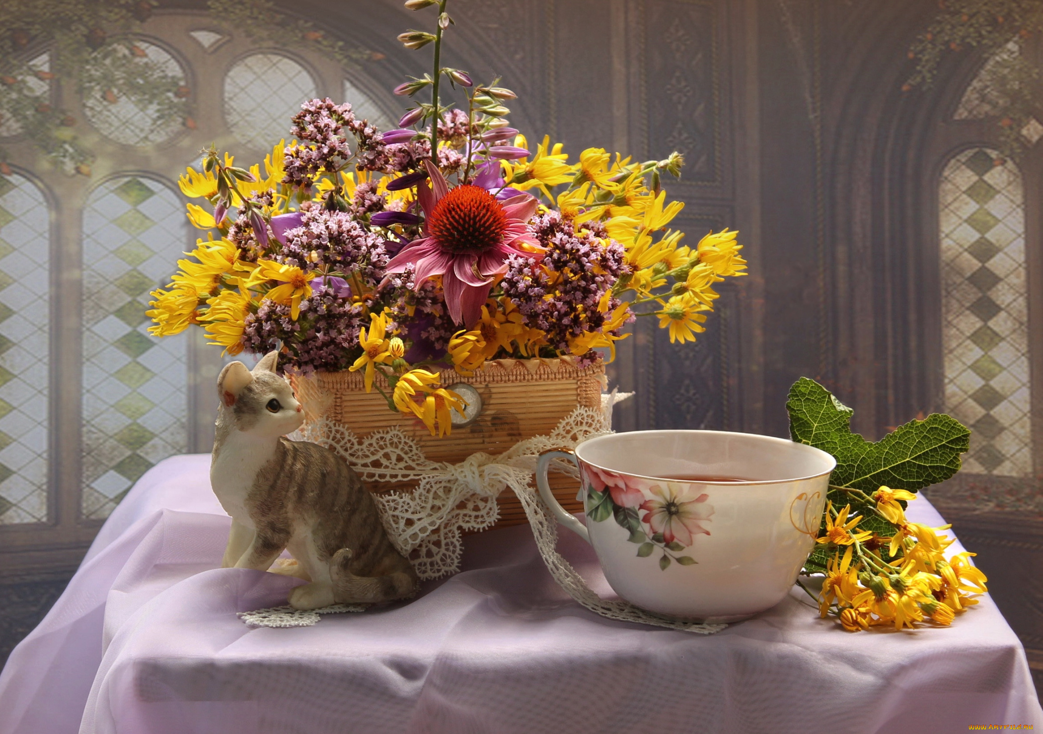 цветы, луговые, , полевые, , цветы, котенок, корзина, чашка