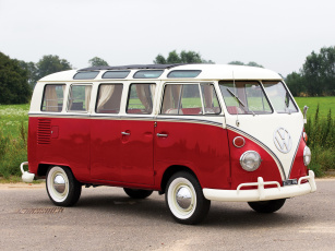 обоя автомобили, volkswagen, deluxe, t1, 1964г, красный, micro, bus