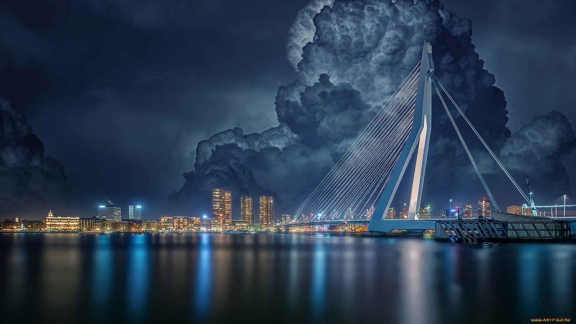 города, -, мосты, облака, мост, роттердам, город, нидерланды, вечер, дома, здания, река