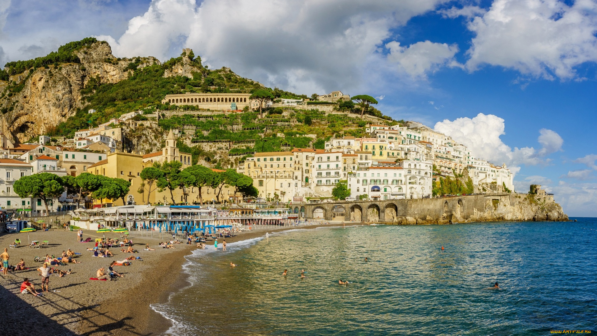 италия, города, -, панорамы, море, люди, пляж, здания, холм
