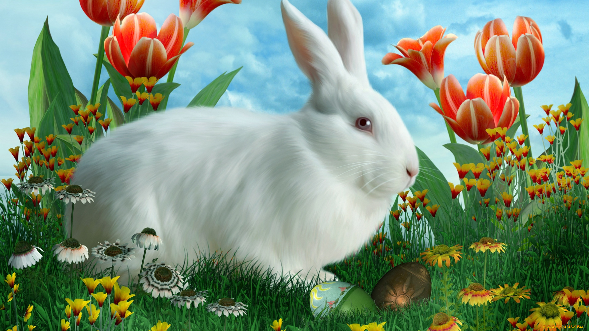 праздничные, пасха, цветы, трава, яйцо, кролик, облака, тюльпаны