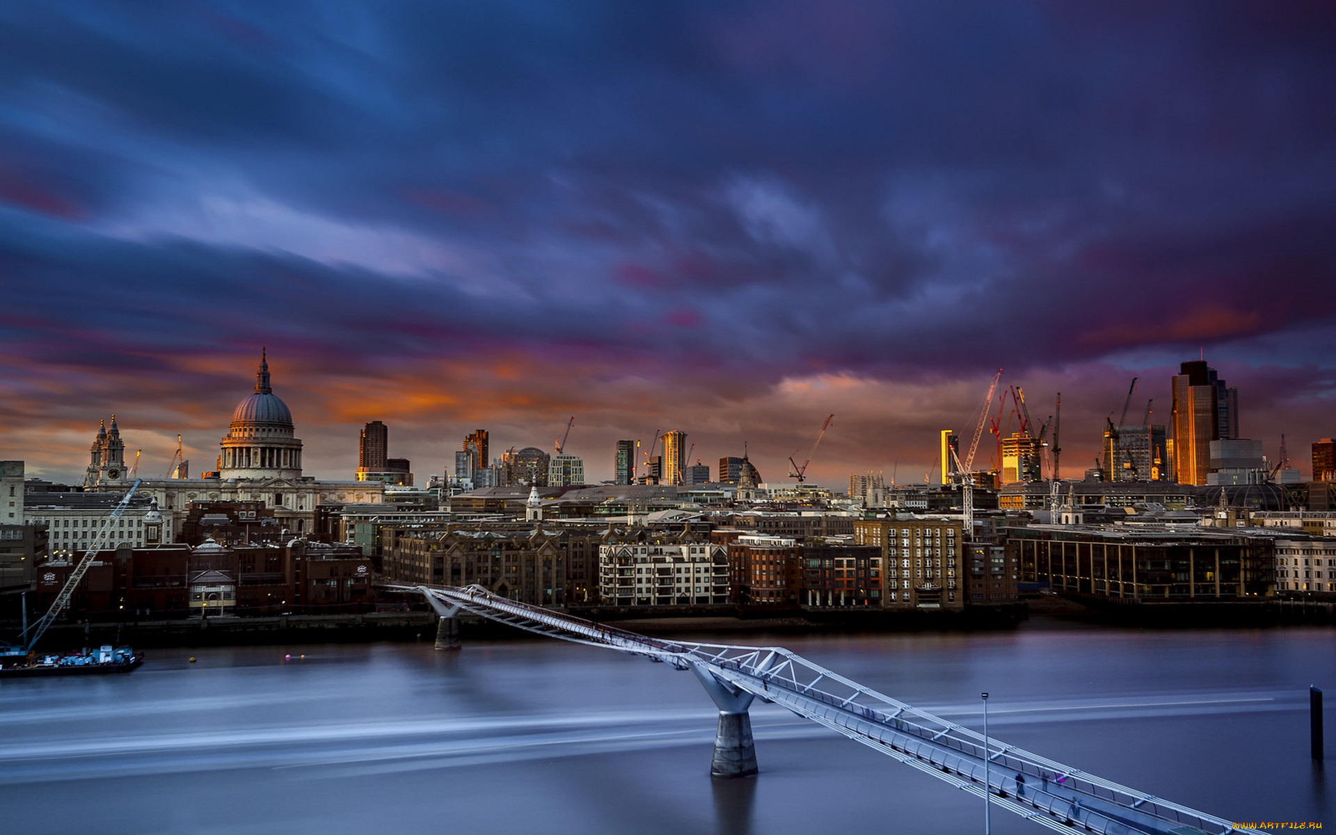 города, лондон, , великобритания, river, thames, london, millennium, bridge, sunset, st, paul's, cathedral