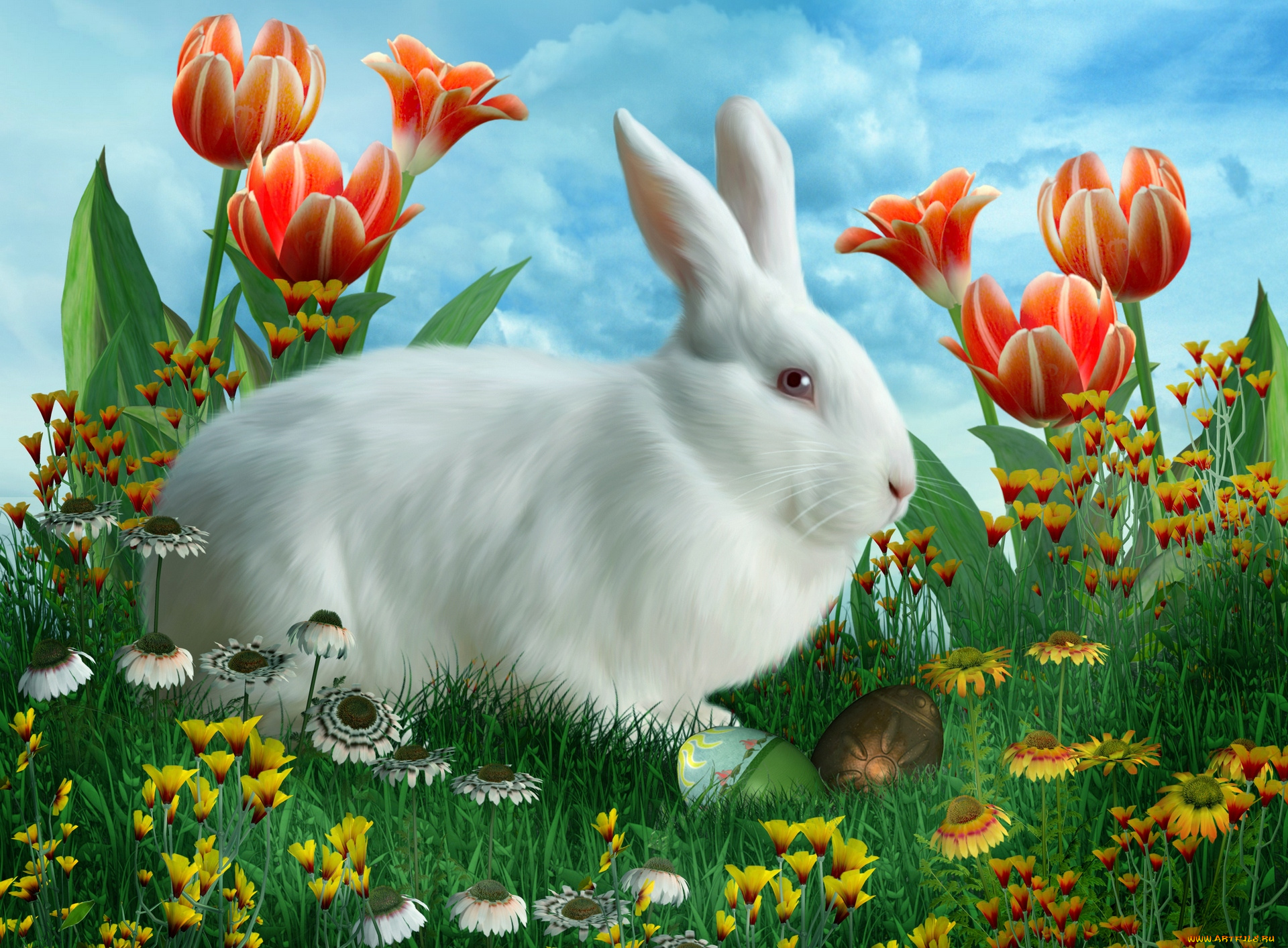 праздничные, пасха, цветы, трава, яйцо, кролик, облака, тюльпаны