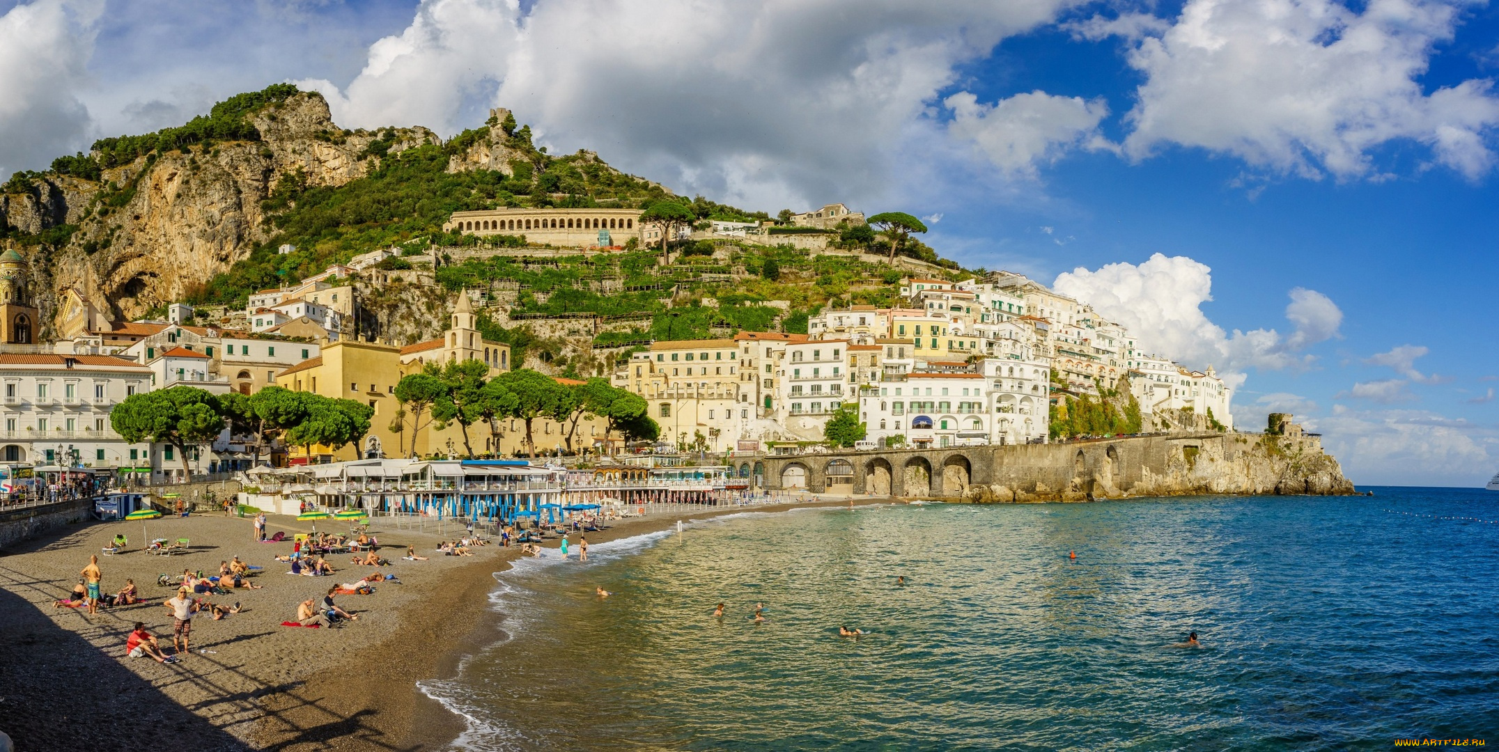 италия, города, -, панорамы, море, люди, пляж, здания, холм