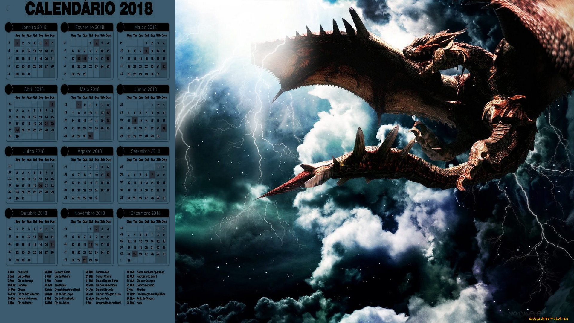 календари, фэнтези, дракон, молния, туча, облако