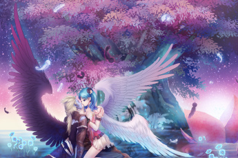 обоя аниме, angels, demons, крылья, арт, парень, девушка, дерево, вода, отражение