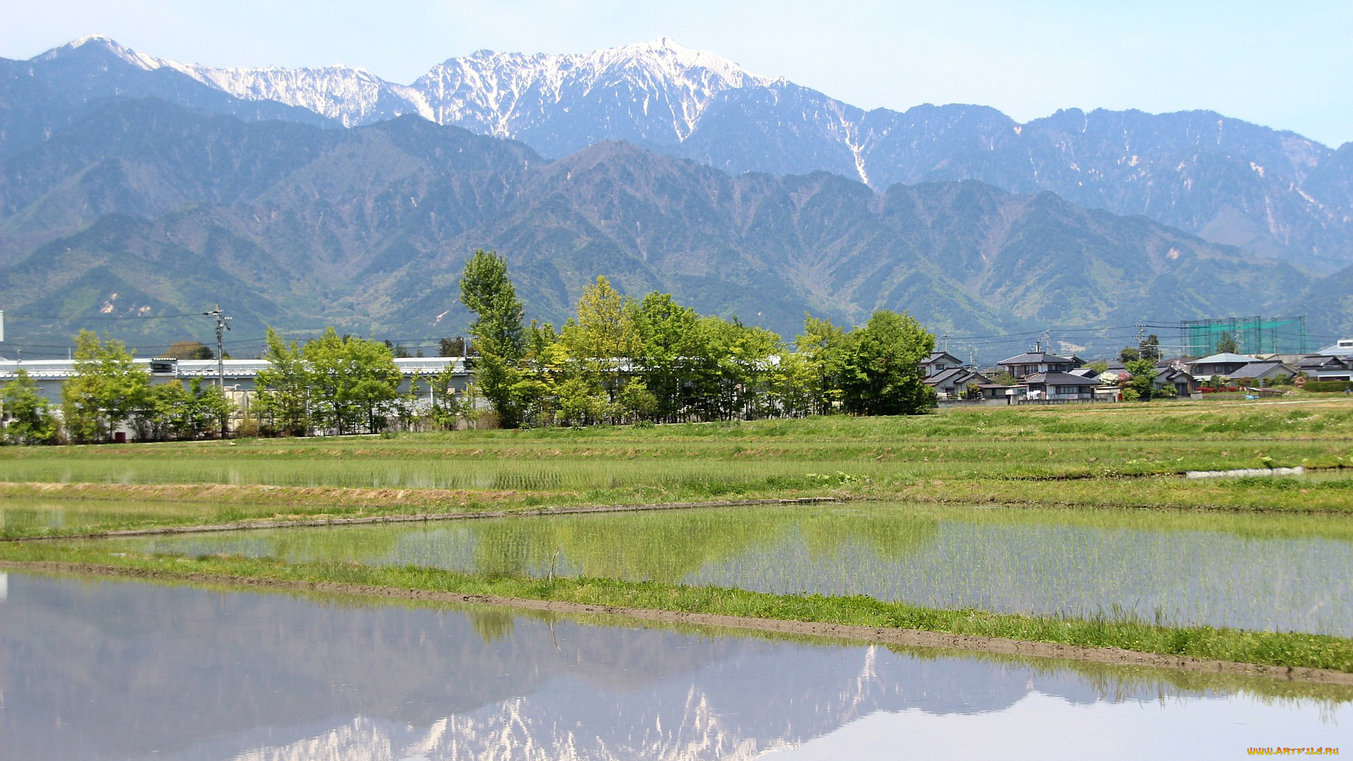 природа, поля, Япония, горы, дома, вода