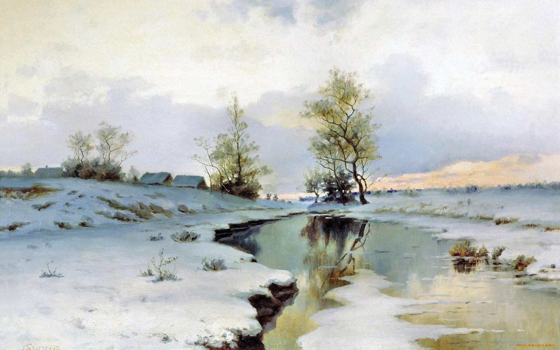 рисованные, живопись, снег, река