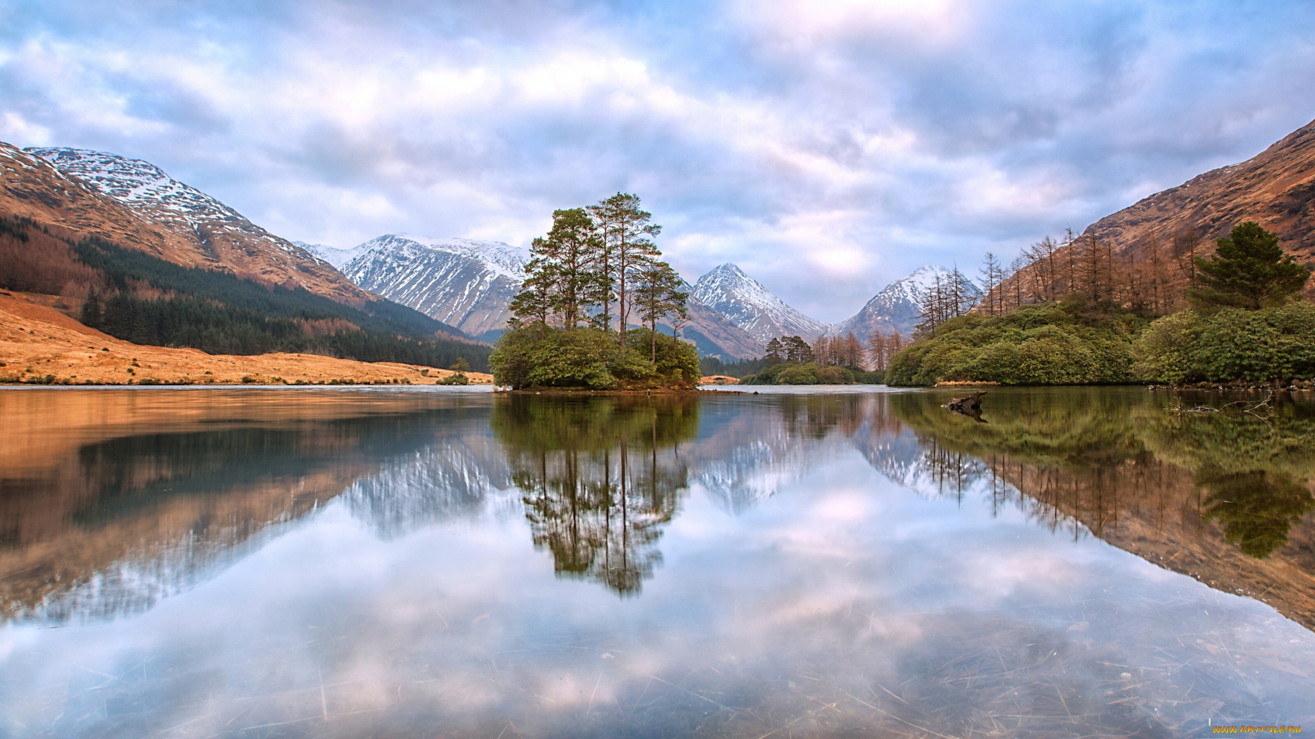 природа, реки, озера, scotland, озеро, лохан-урр, островок, горы, деревья, отражение, glen, etive, lochan, urr, scottish, highlands, шотландия, северо-шотландское, нагорье, долина, глен, этив