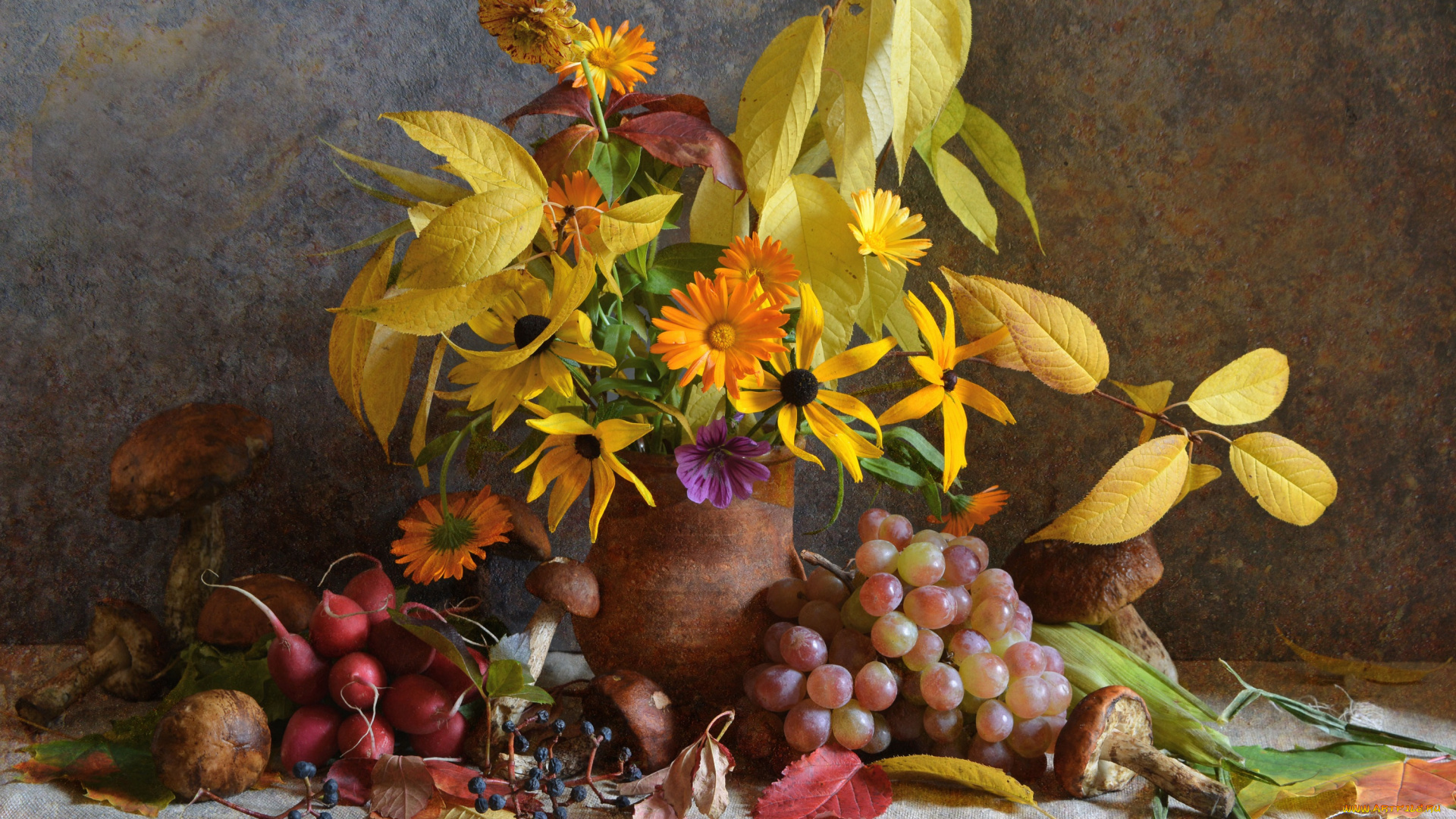 еда, натюрморт, букет, грибы, цветы, листья, осень, композиция, осенний