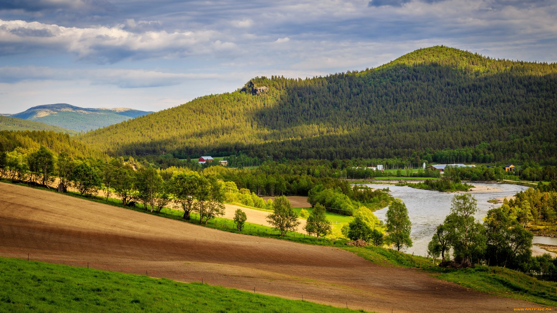 природа, пейзажи, луга, леса, домики, норвегия, горы, река, поля, dovre, деревья