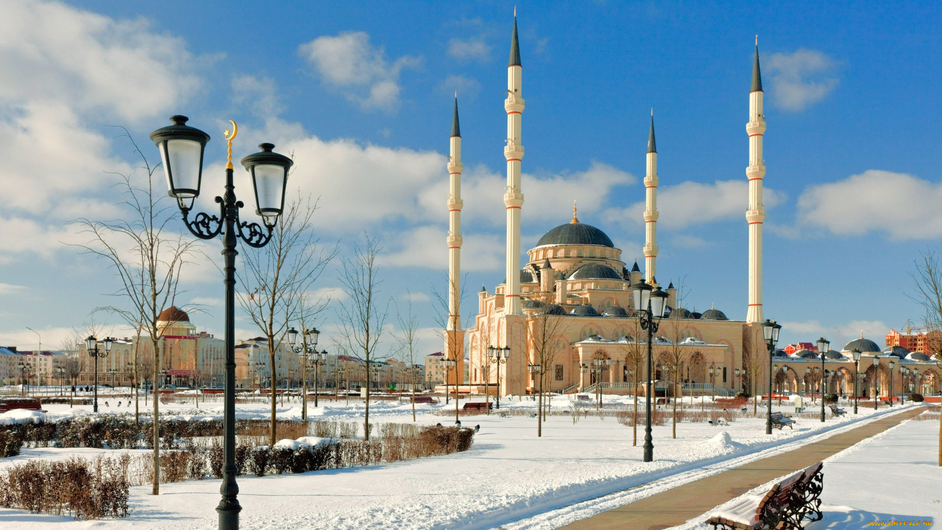 грозный, Чечня, города, столицы, государств, зима, снег, фонари, мечеть