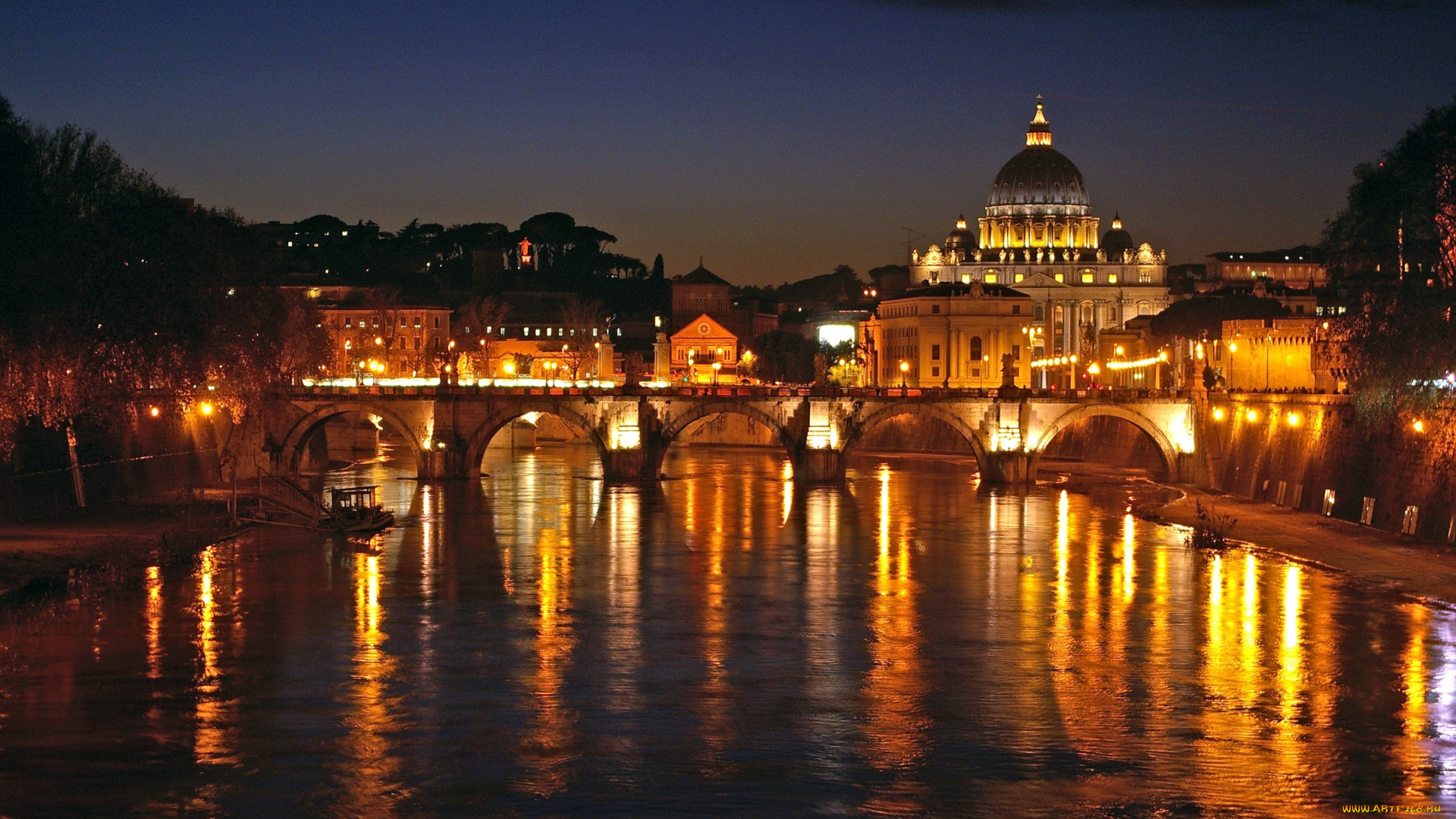 ватикан, города, рим, италия, река, мост, купол, ночь, огни