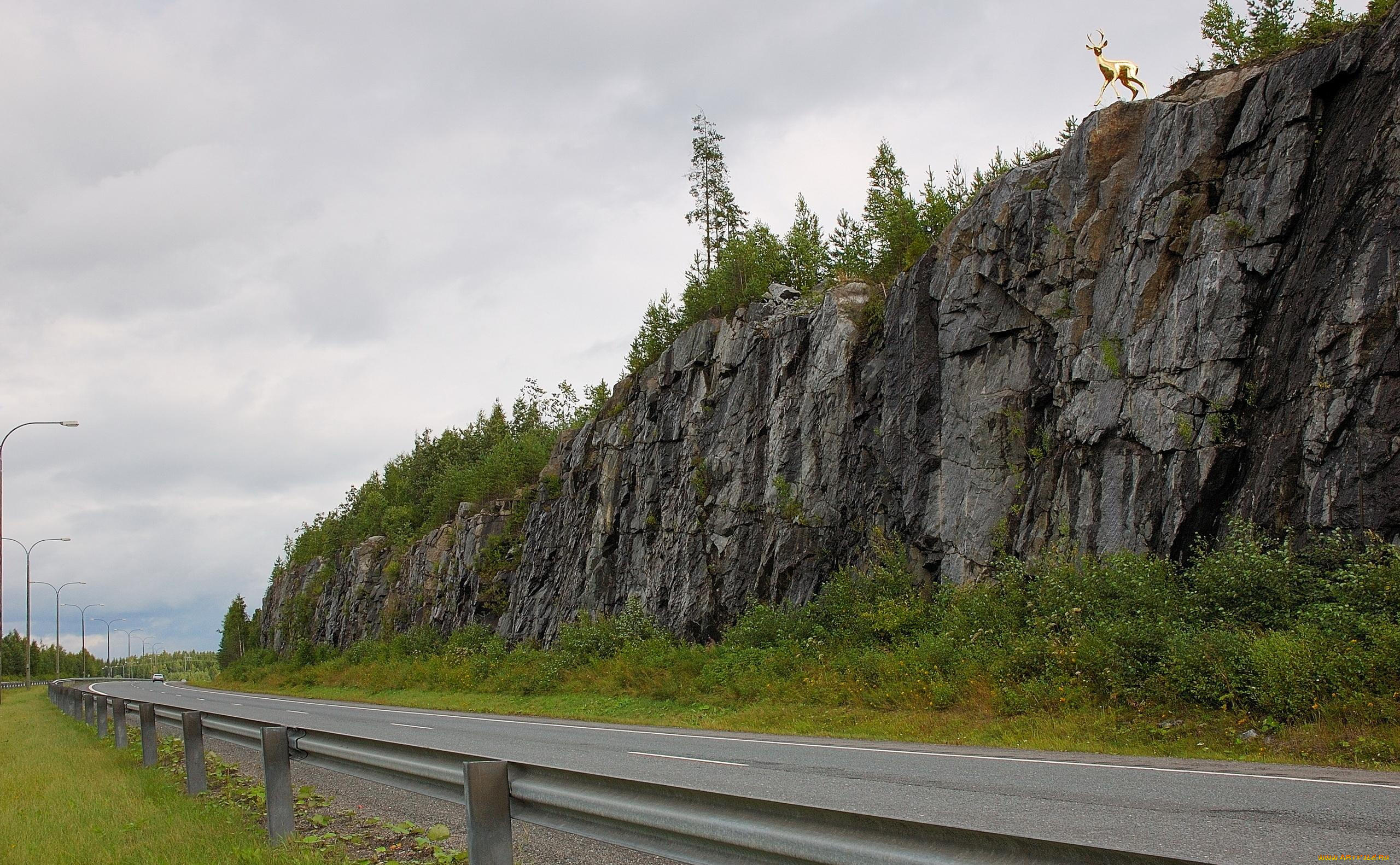 природа, дороги, финляндия, олень, статуя
