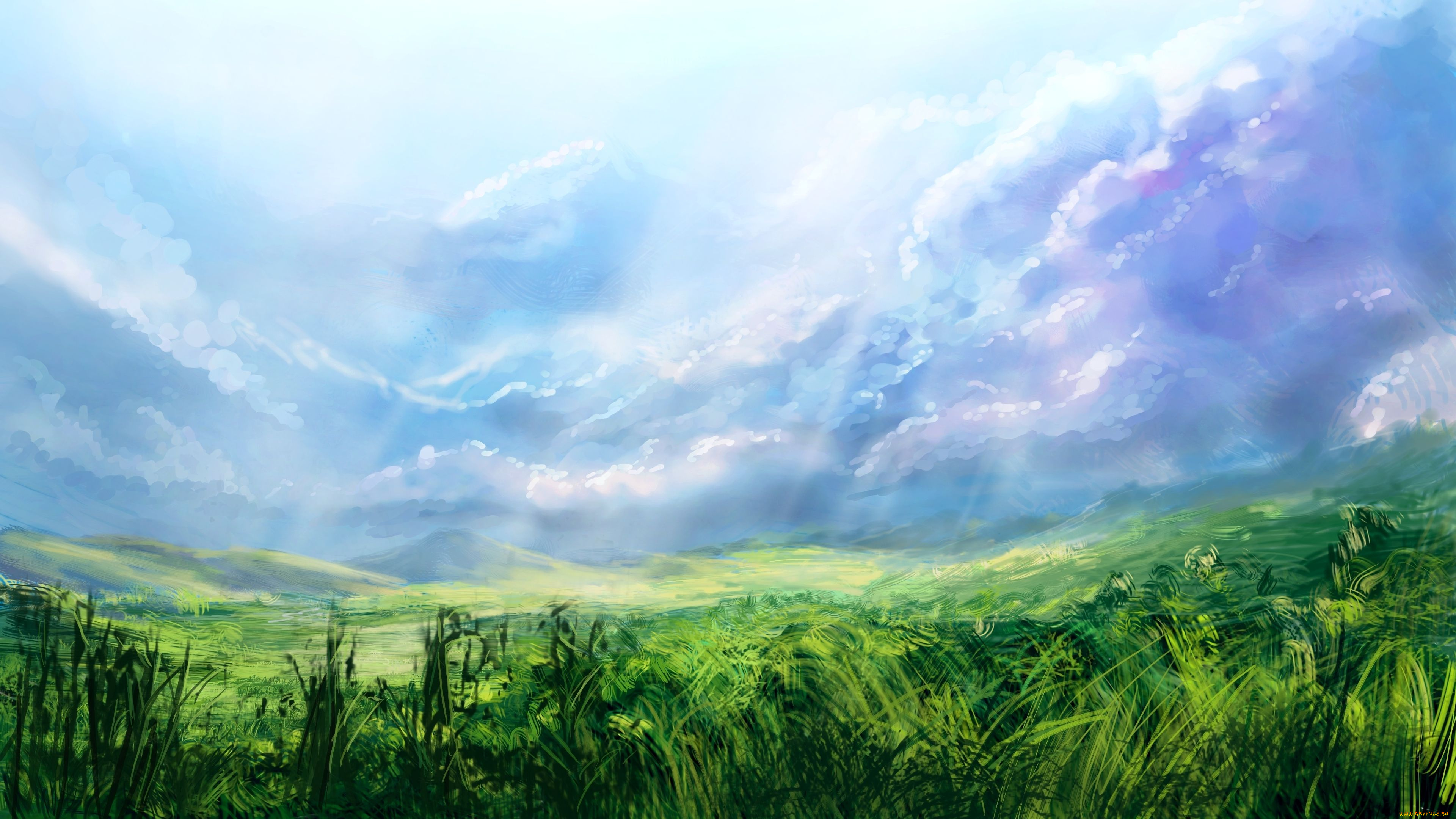 рисованные, природа, луг, облака, трава
