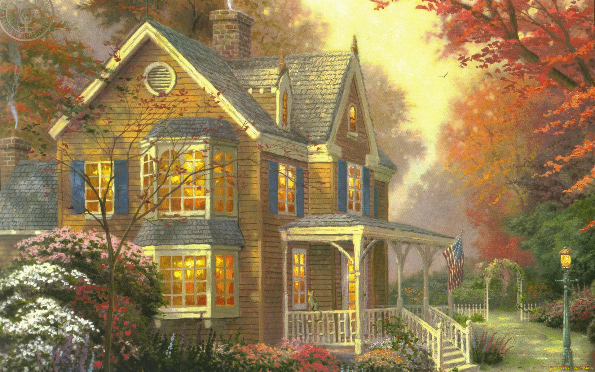 victorian, auntumn, рисованные, thomas, kinkade, фонарь, тыква, осень, коттедж