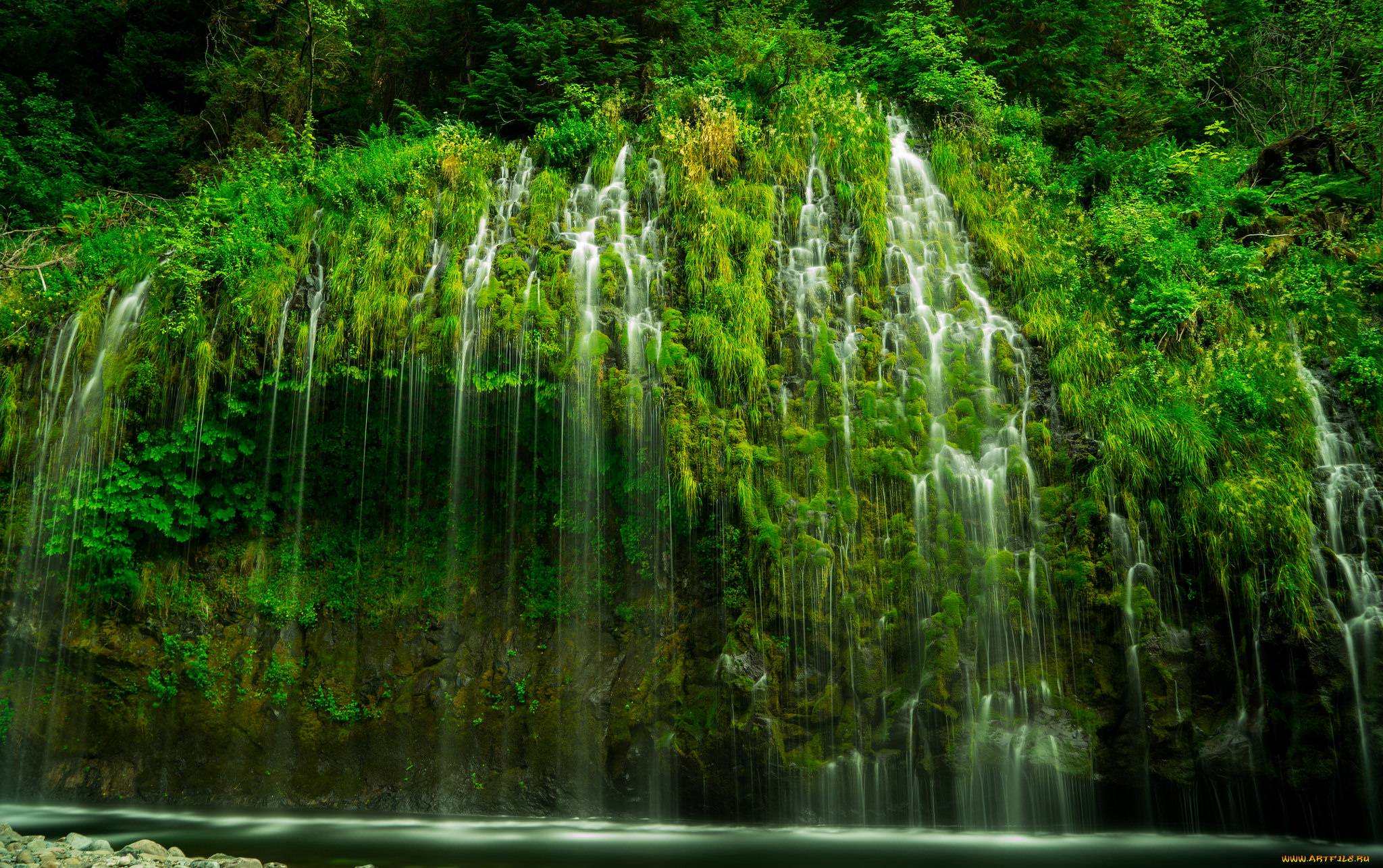 природа, водопады, зелень, водопад